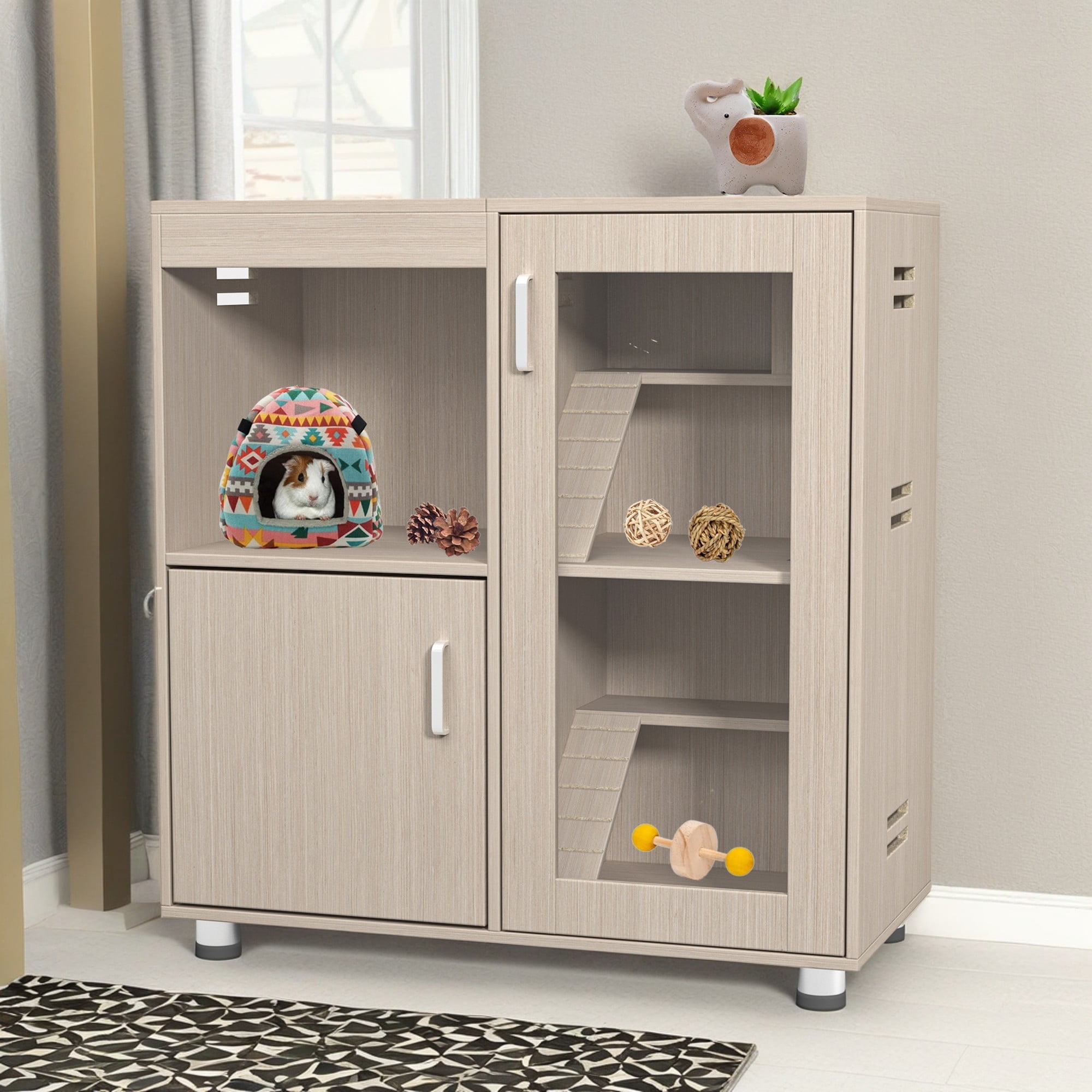 Pefilos 33" H Wood Guinea Pig Hutch Large Hamster Cage, Animal Cage for Rat, 4-Tier Indoor Small Animal Pet House with Storage Cabinet, Light Beige