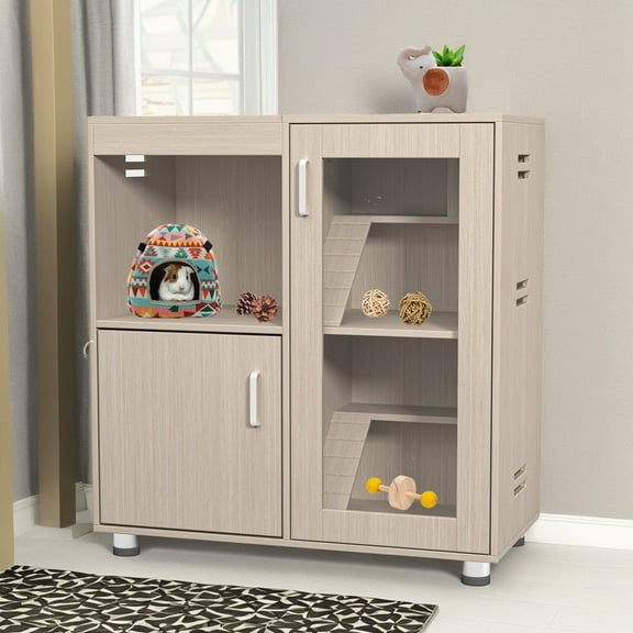 Pefilos 33" H Wood Guinea Pig Hutch Large Hamster Cage, Animal Cage for Rat, 4-Tier Indoor Small Animal Pet House with Storage Cabinet, Light Beige