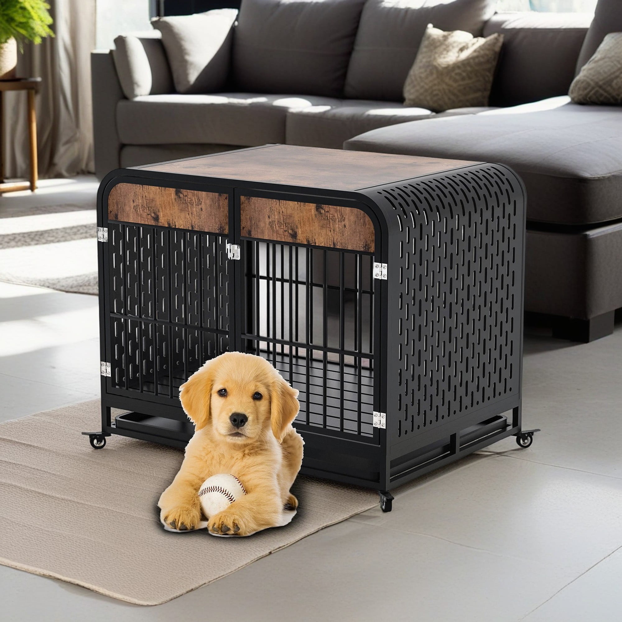Pefilos 33" Heavy Duty Dog Crate Cage with Wheels, Wood Kennel Furniture High Anxiety Indestructible, Sturdy Locks Design, Double Door and Removable Tray, Brown Pefilos 33" Heavy Duty Dog Crate Cage with Wheels, Wood Kennel Furniture High Anxiety Indestructible, Sturdy Locks Design, Double Door and Removable Tray, Brown