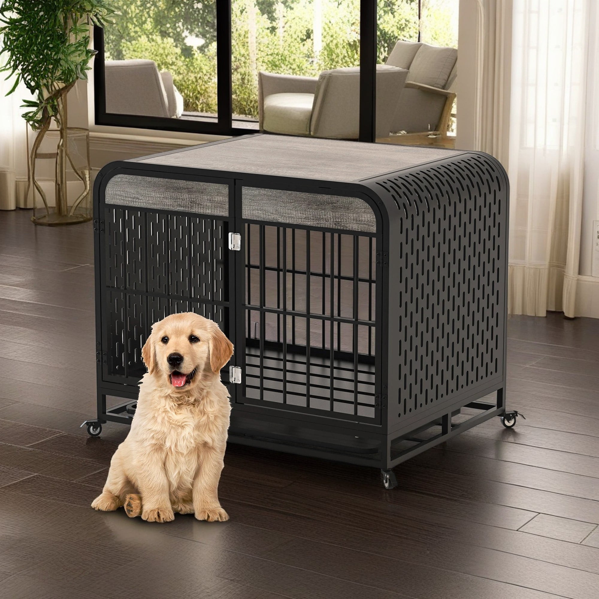 Pefilos 33" Heavy Duty Dog Crate Cage with Wheels, Wood Kennel Furniture High Anxiety Indestructible, Sturdy Locks Design, Double Door and Removable Tray, Gray Pefilos 33" Heavy Duty Dog Crate Cage with Wheels, Wood Kennel Furniture High Anxiety Indestructible, Sturdy Locks Design, Double Door and Removable Tray, Gray