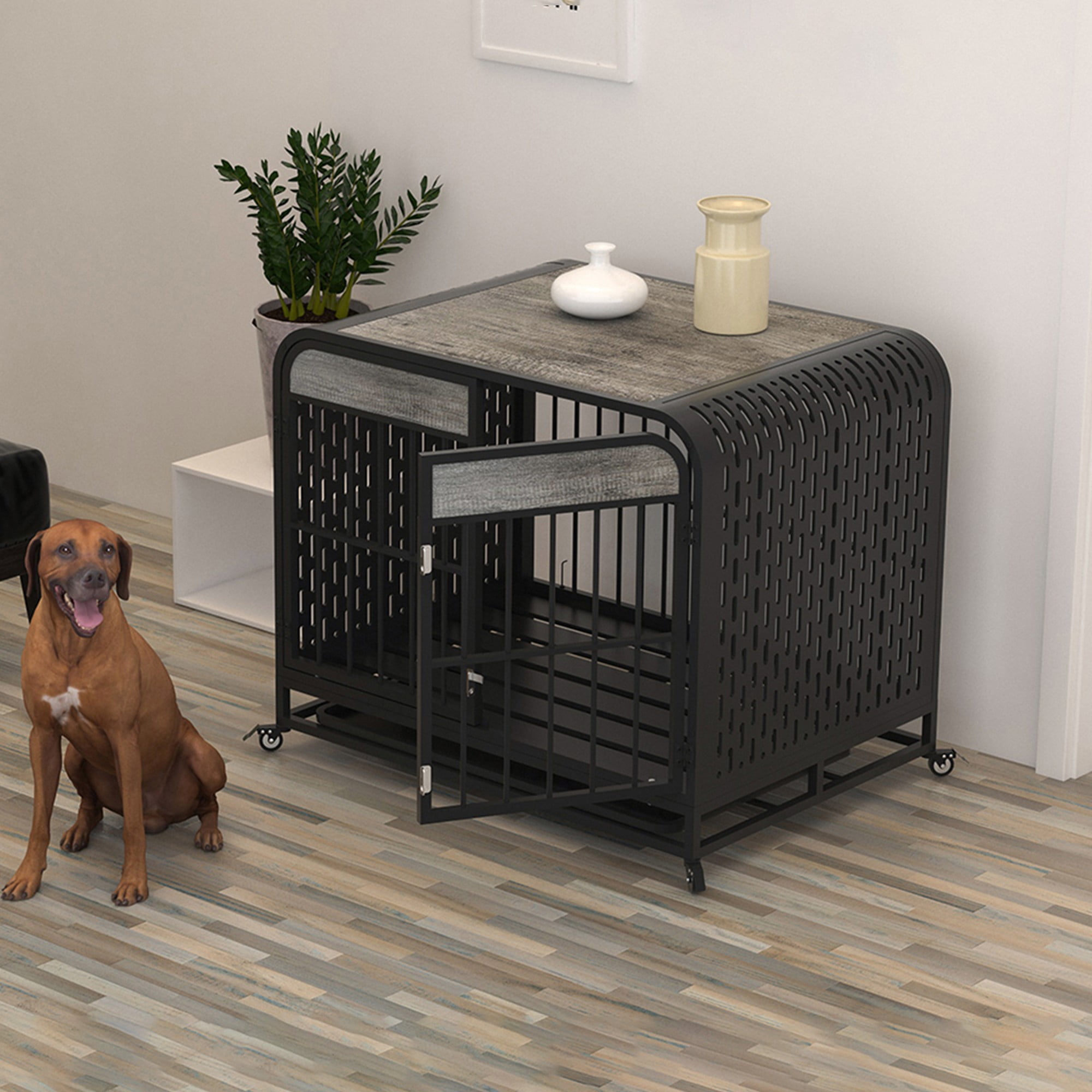 Pefilos 33" Heavy Duty Indestructible Dog Crate Furniture, Escape Proof Dog Cage Kennel with Lockable Wheels, High Anxiety Double Door, Removable Tray, Gray Pefilos 33" Heavy Duty Indestructible Dog Crate Furniture, Escape Proof Dog Cage Kennel with Lockable Wheels, High Anxiety Double Door, Removable Tray, Gray