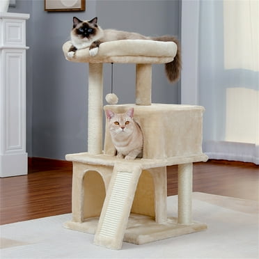 Pefilos 33" Modern Small Cat Tree for Adult Cats With Double Condos Spacious Perch Sisal Scratching Posts Cat Tower for Indoor Cats Climbing Ladder and Replaceable Dangling Balls, Beige