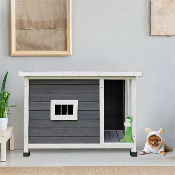 Pefilos 33" Outdoor Puppy Dog Kennel ,Waterproof Dog Cage, Wooden Dog House for Medium Dogs with Porch Deck Cat Houses for Indoor Cats, Gray