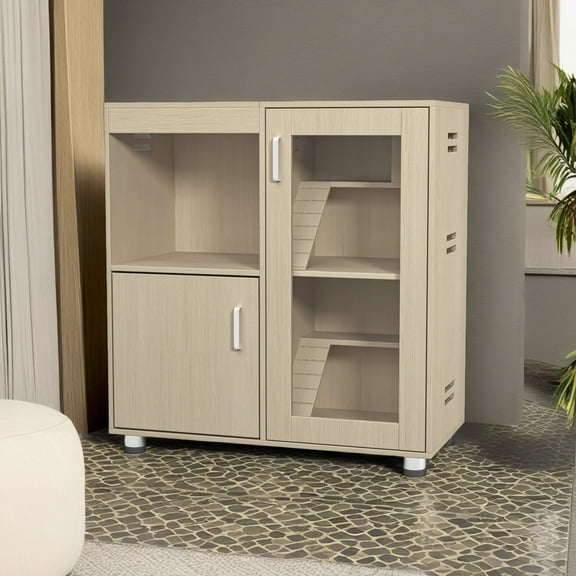 Pefilos 33" Wood Large Hamster Cage with Storage Cabinet, Guinea Pig Hutch, Animal Cage for Rat, 4-Level Indoor Small Animal Pet Cage, Dark Beige