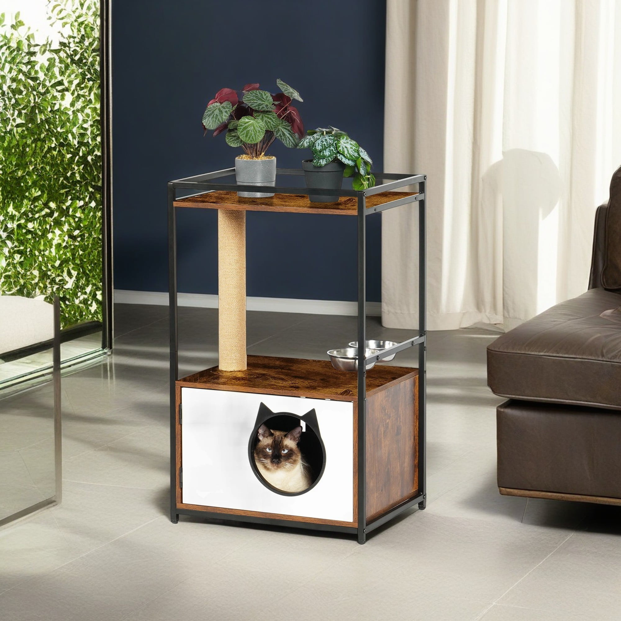 Pefilos 33" Wooden Cat House for Indoor Cats with Scratching Post, Removable Stainless Steel Bowl, Modern Cat Furniture with Cat Condo, Brown