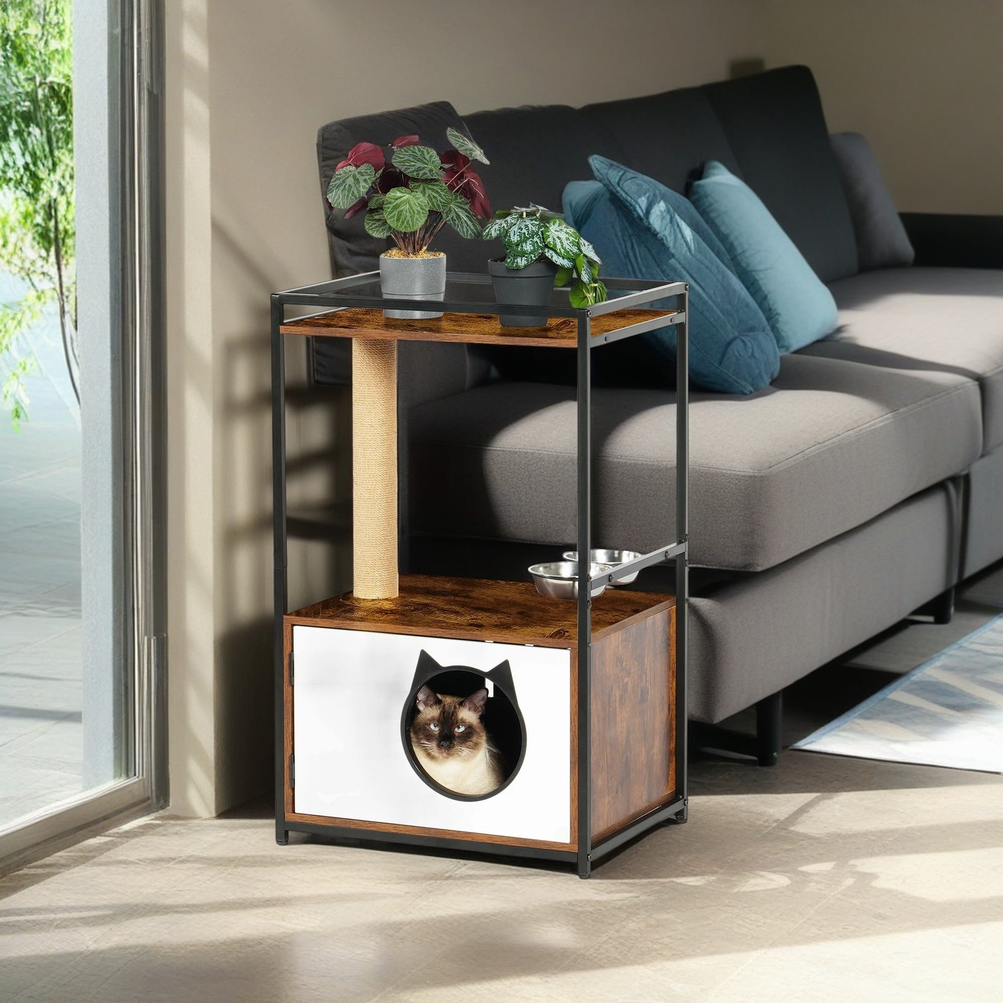 Pefilos 33" Wooden Cat House with Scratching Posts, Indoor Cat Condo with Feeding Station, Cat Shelter Furniture, Brown