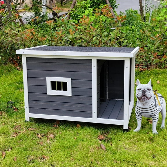 Pefilos 33" Wooden Dog House for Medium Dogs Outdoor Puppy Dog Kennel ,Waterproof Dog Cage with Porch Deck, Gray