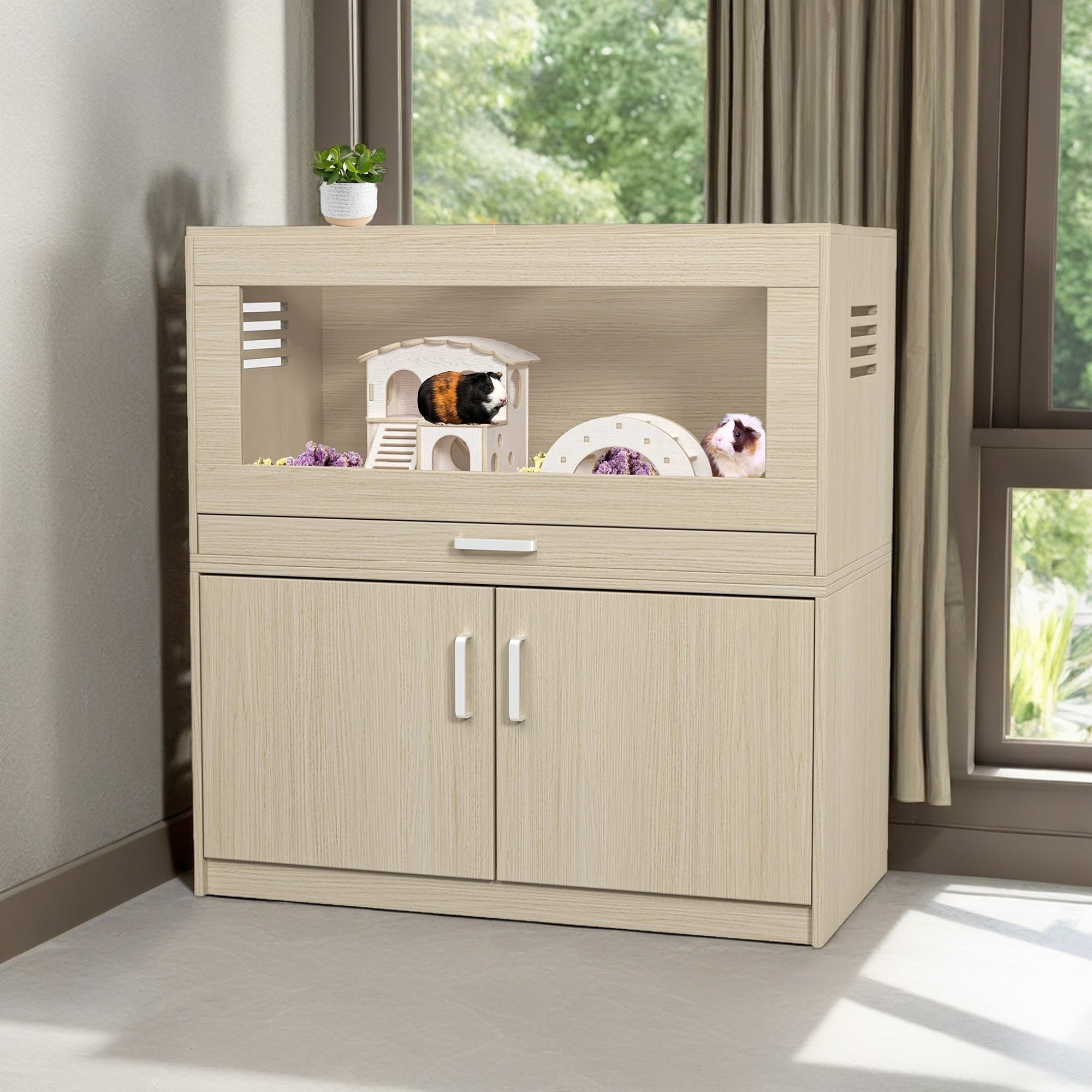 Pefilos 33" Wooden Hamster Cages, Guinea Pig Hutch with Independent Storage Cabinet, Small Animal Pet House for Indoor, Dark Beige