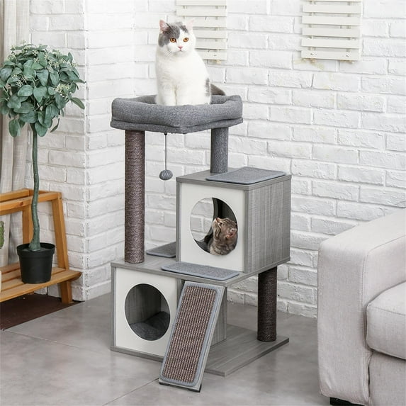Pefilos 34" Cat Condo for Multiple Cats Luxury Cat Tree Houses for Indoor Cats with Spacious Perch, Fully Wrapped Scratching Sisal Posts Cat Tower for Big Cats, Gray