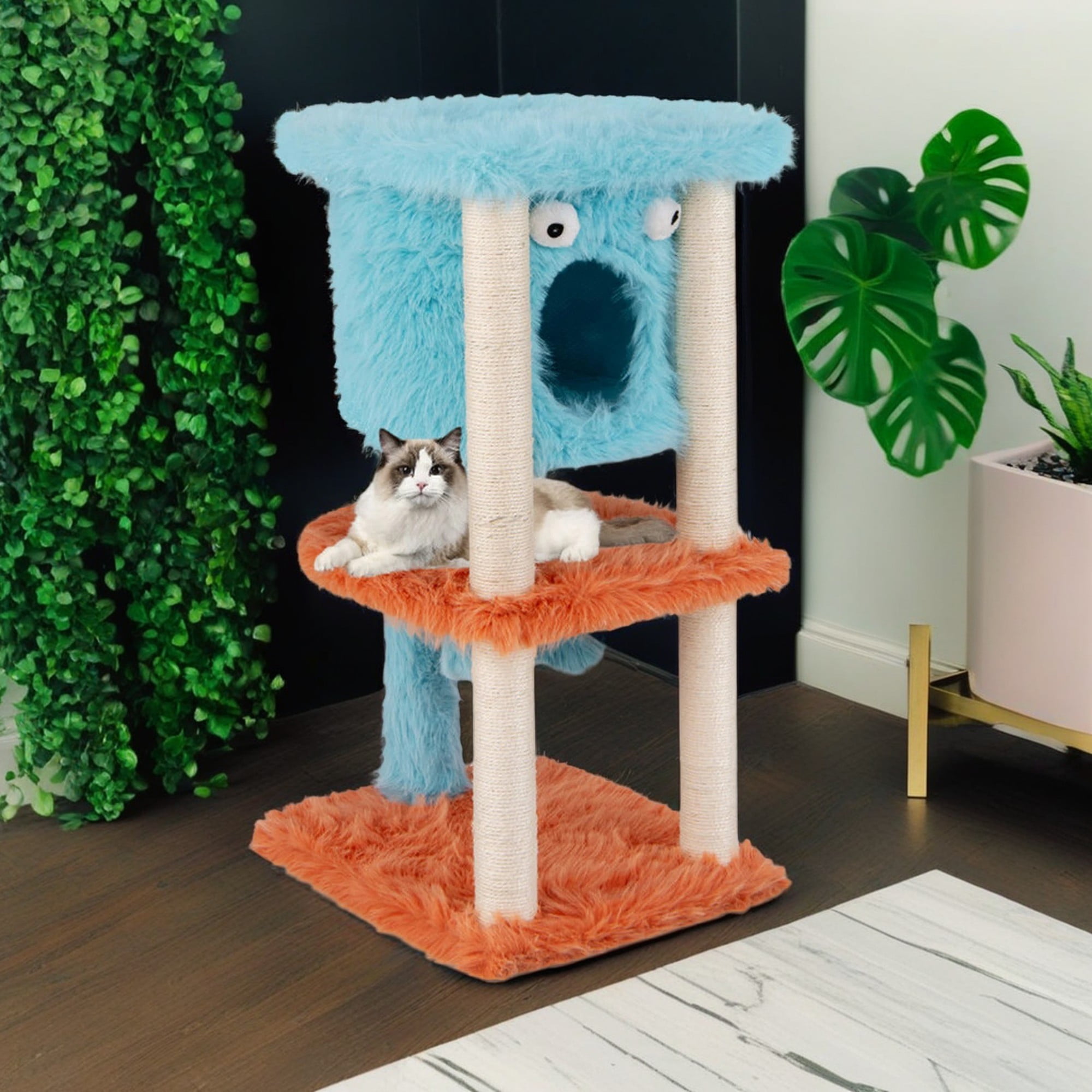 Pefilos 34" Cute Monster-Themed Cat Tree Tower with Private Cat Condos for Small Place, Blue+Orange Pefilos 34" Cute Monster-Themed Cat Tree Tower with Private Cat Condos for Small Place, Blue+Orange