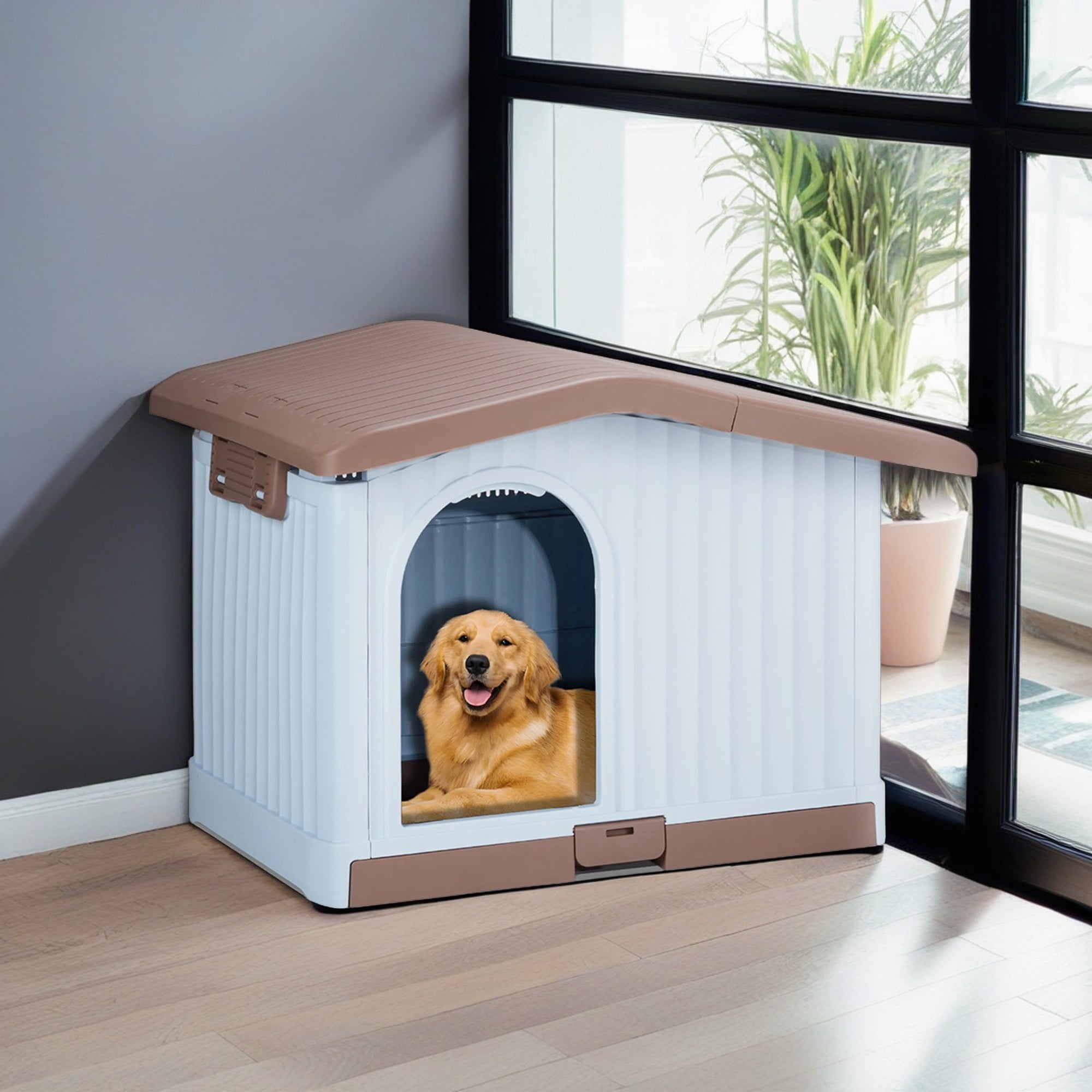 Pefilos 34" Dog House Indoor Outdoor Insulated Kennel Durable Plastic Doghouse for Small Dogs Weather, Water Resistant Dog Shelter with Pull-Out Base Tray, Brown Pefilos 34" Dog House Indoor Outdoor Insulated Kennel Durable Plastic Doghouse for Small Dogs Weather, Water Resistant Dog Shelter with Pull-Out Base Tray, Brown