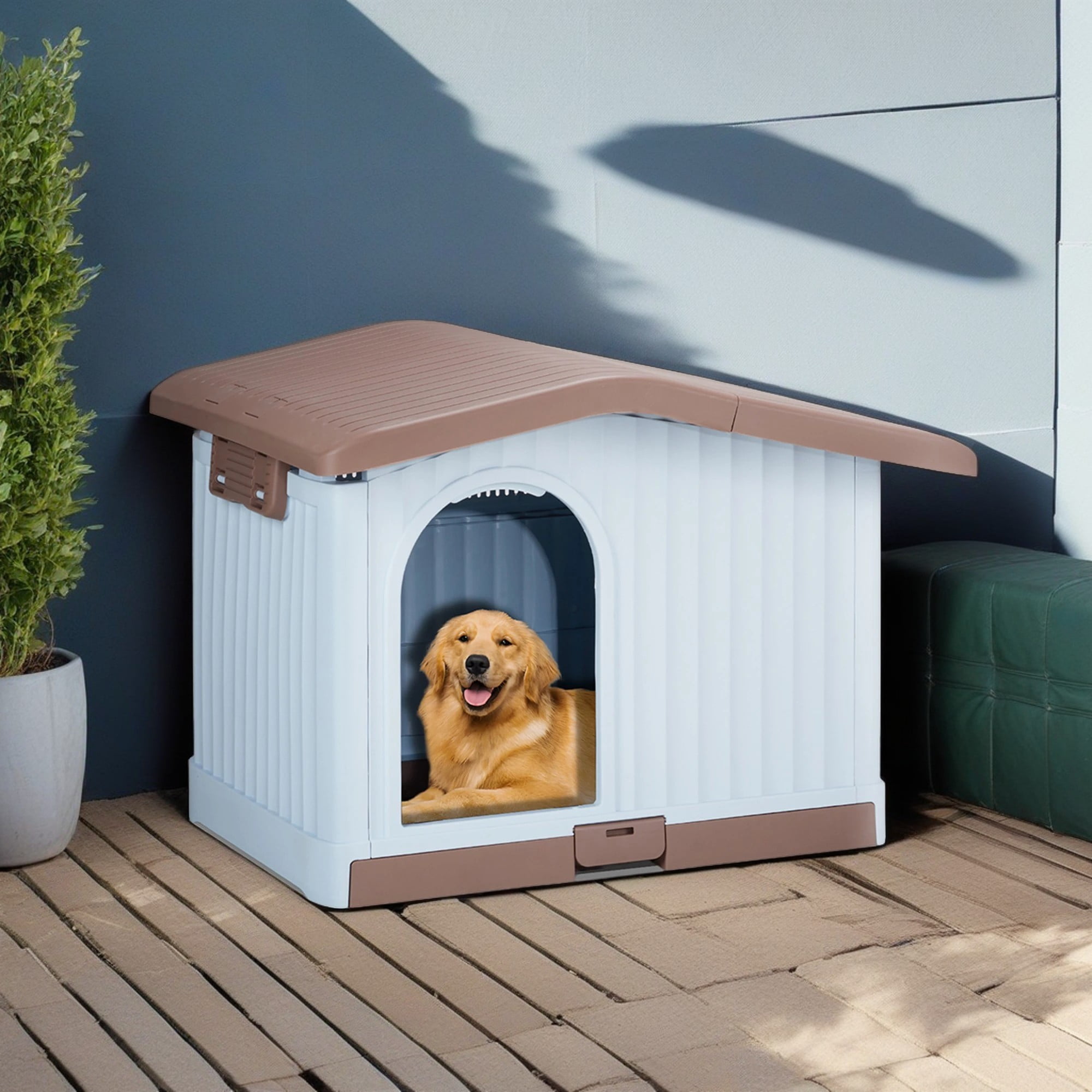 Pefilos 34" Durable Waterproof Plastic Dog House for Small Dogs, Indoor Outdoor Doghouse Puppy Shelter Kennel with Elevated Floor, Brown Pefilos 34" Durable Waterproof Plastic Dog House for Small Dogs, Indoor Outdoor Doghouse Puppy Shelter Kennel with Elevated Floor, Brown