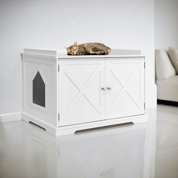 Pefilos 34" Large Cat Litter Box Enclosure, Wood Hidden Cat House Washroom Furniture for Living Room, Bedroom, Bathroom with Magazine Rack, White