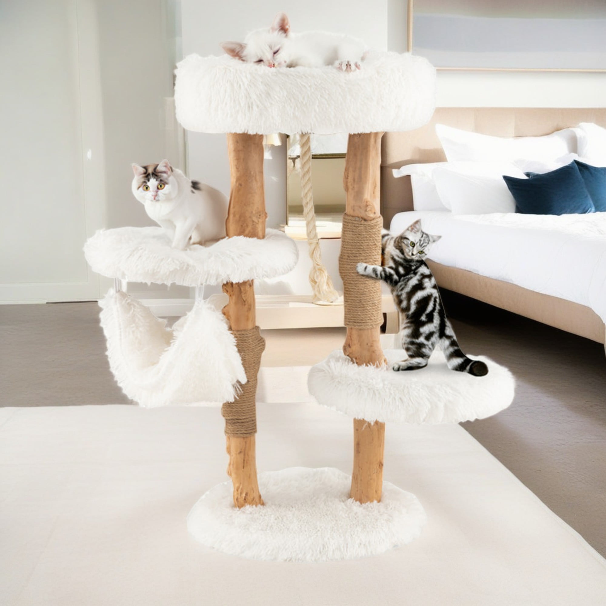Pefilos 34" Modern Cat Tree Tower for Indoor Cats with Perch, Cat Condo, Solid Wood Cat Tree House with Scratching Posts for Large Cats, White Pefilos 34" Modern Cat Tree Tower for Indoor Cats with Perch, Cat Condo, Solid Wood Cat Tree House with Scratching Posts for Large Cats, White