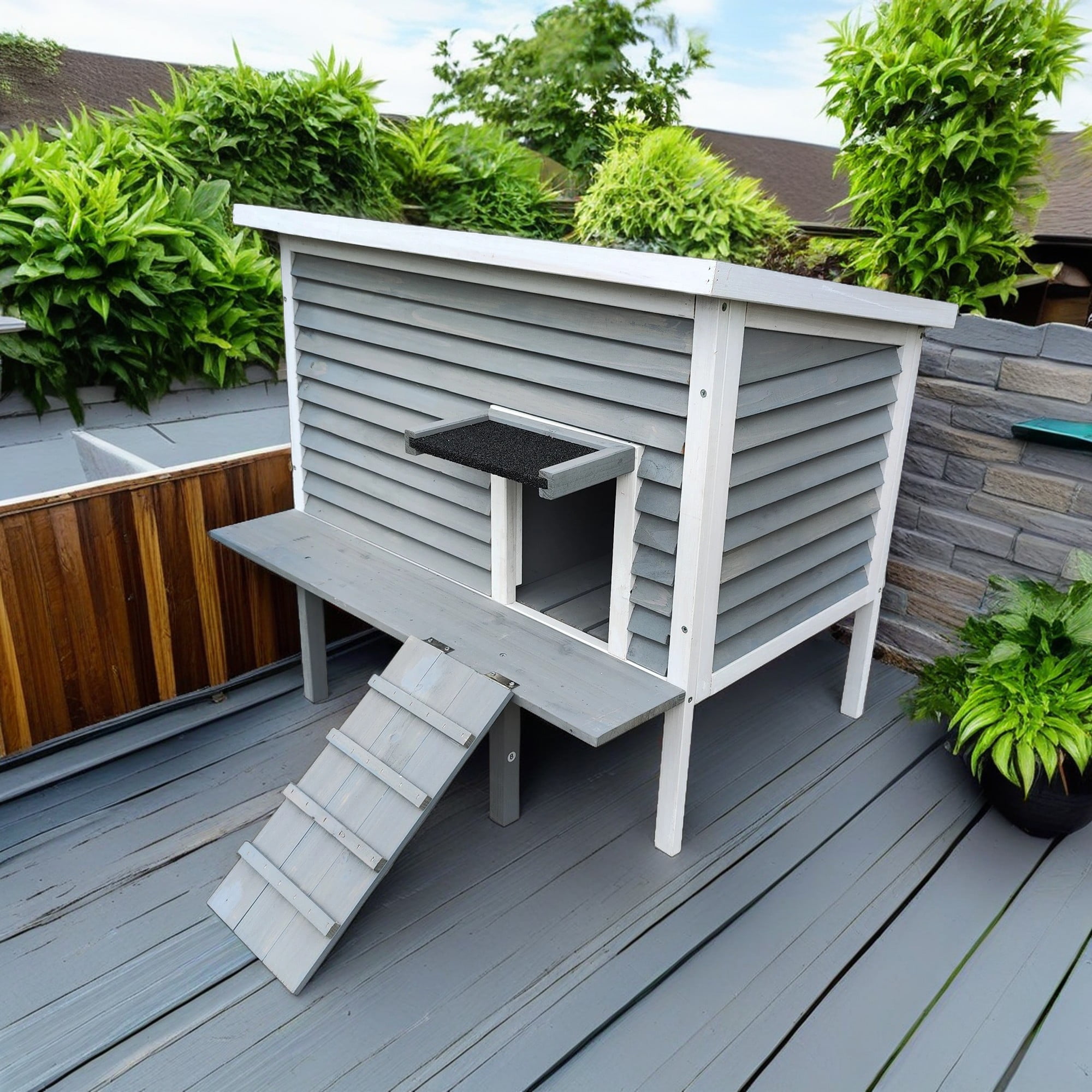 Pefilos 34" Outdoor Cat House Weatherproof, Feral Cat Shelter with Escape Door, Porch Deck, Wooden Cat Condos, Gray Pefilos 34" Outdoor Cat House Weatherproof, Feral Cat Shelter with Escape Door, Porch Deck, Wooden Cat Condos, Gray