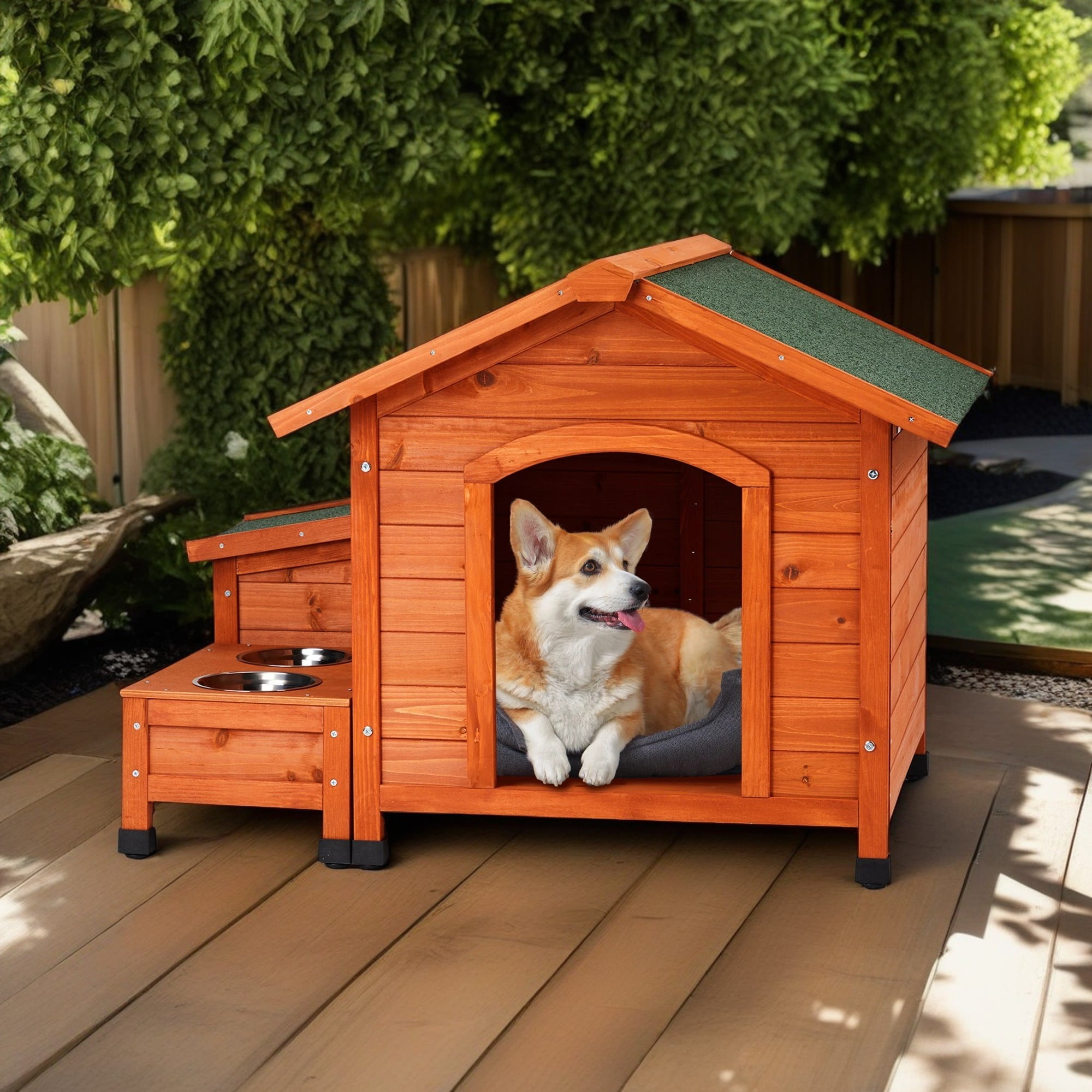 Pefilos 34" Outdoor Fir Wood Dog House, Solid Wood Dog Kennel with An Open Roof, Weatherproof Dog Shelter with Feeder and Storage Box, Orange Pefilos 34" Outdoor Fir Wood Dog House, Solid Wood Dog Kennel with An Open Roof, Weatherproof Dog Shelter with Feeder and Storage Box, Orange