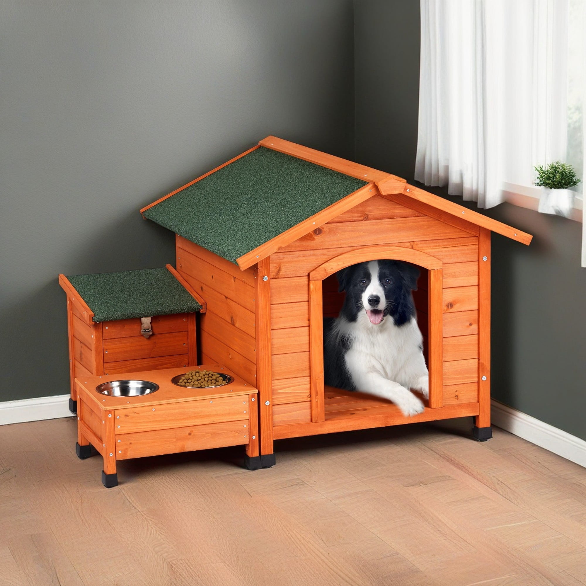 Pefilos 34" Outdoor Wood Dog House with Feeder and Storage Box, Cabin Style Raised Dog Shelter with An Open Roof, Weatherproof Kennel, Orange Pefilos 34" Outdoor Wood Dog House with Feeder and Storage Box, Cabin Style Raised Dog Shelter with An Open Roof, Weatherproof Kennel, Orange