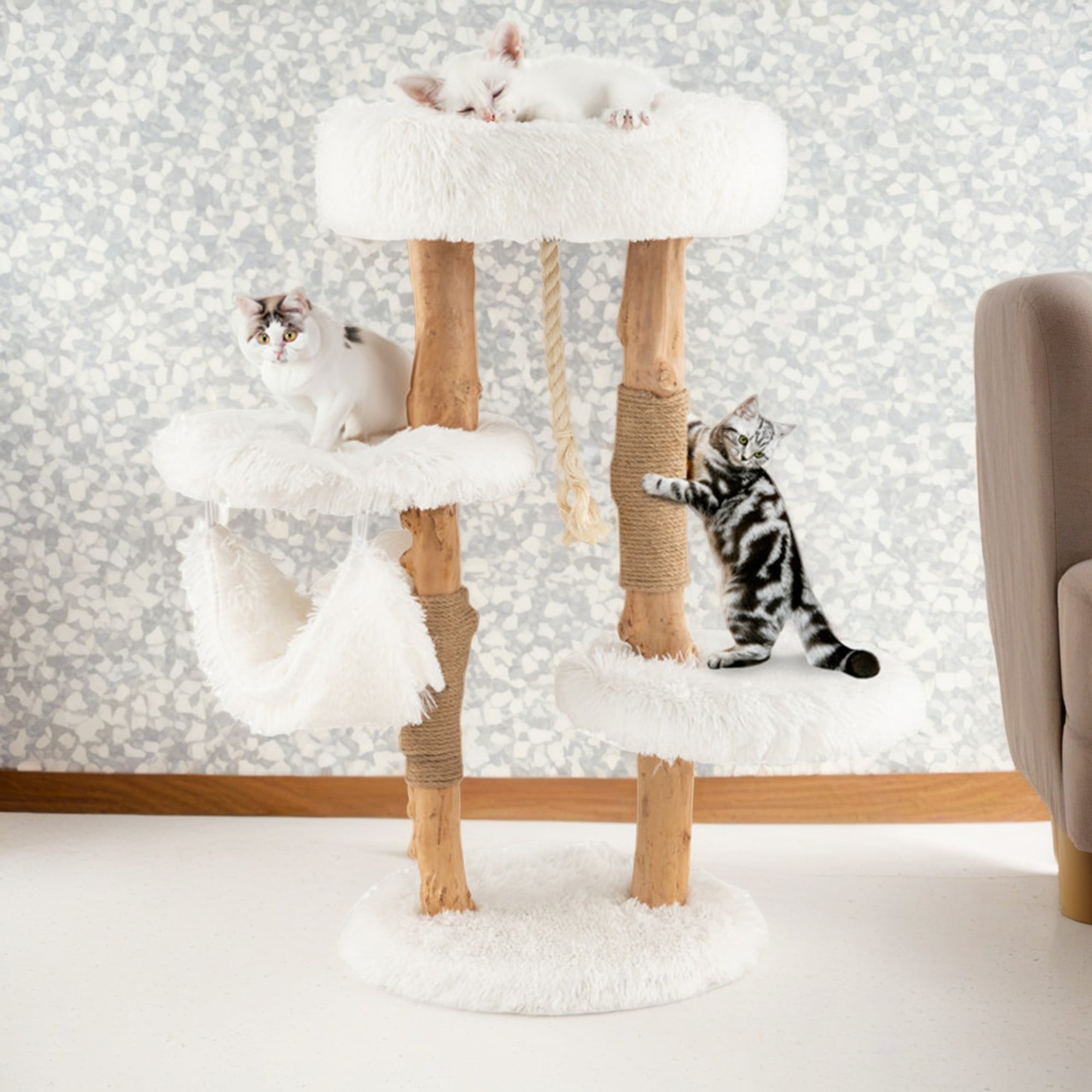 Pefilos 34" Solid Wood Cat Tree Tower for Indoor, Modern Cat Condo with Scratching Post, Cat Climbing Tree House Furniture, White Pefilos 34" Solid Wood Cat Tree Tower for Indoor, Modern Cat Condo with Scratching Post, Cat Climbing Tree House Furniture, White