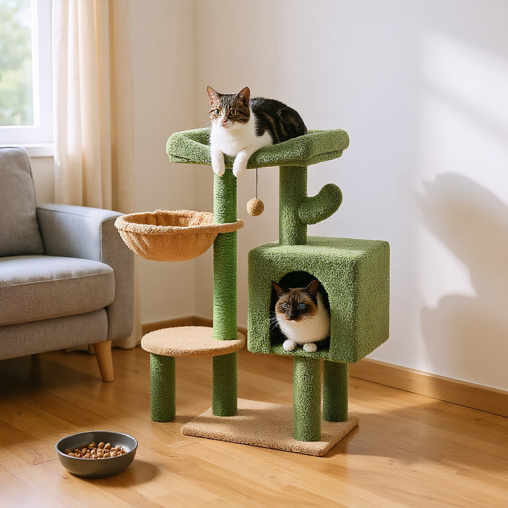 Pefilos 35.4" Cactus Cat Tree Tower for Indoor Cats w/Large Top Bed, Comfy Hammock for Kittens, Cat Scratching Post and Dangling Ball, Green