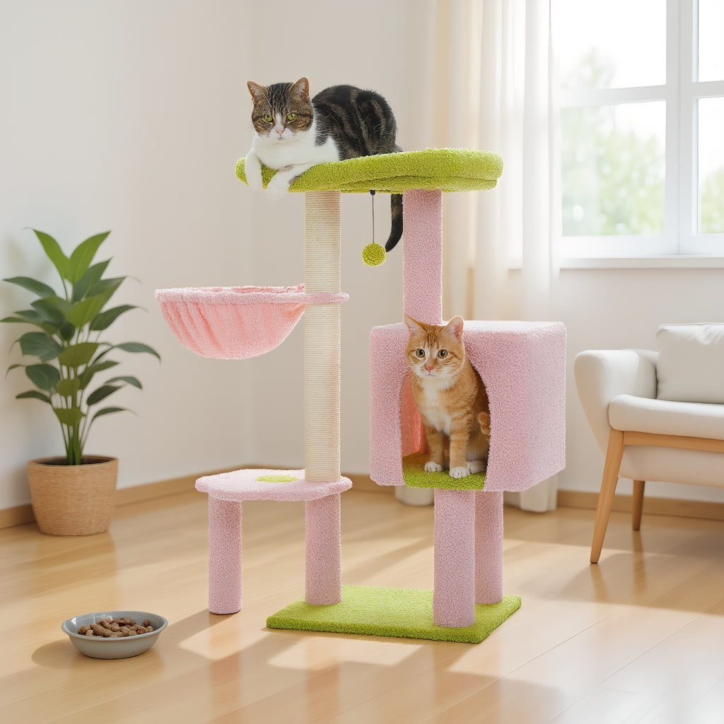 Pefilos 35.4" Flower Cat Tree Tower for Indoor Cats w/Large Top Bed, Comfy Hammock for Kittens, Cat Scratching Post and Dangling Ball, Pink