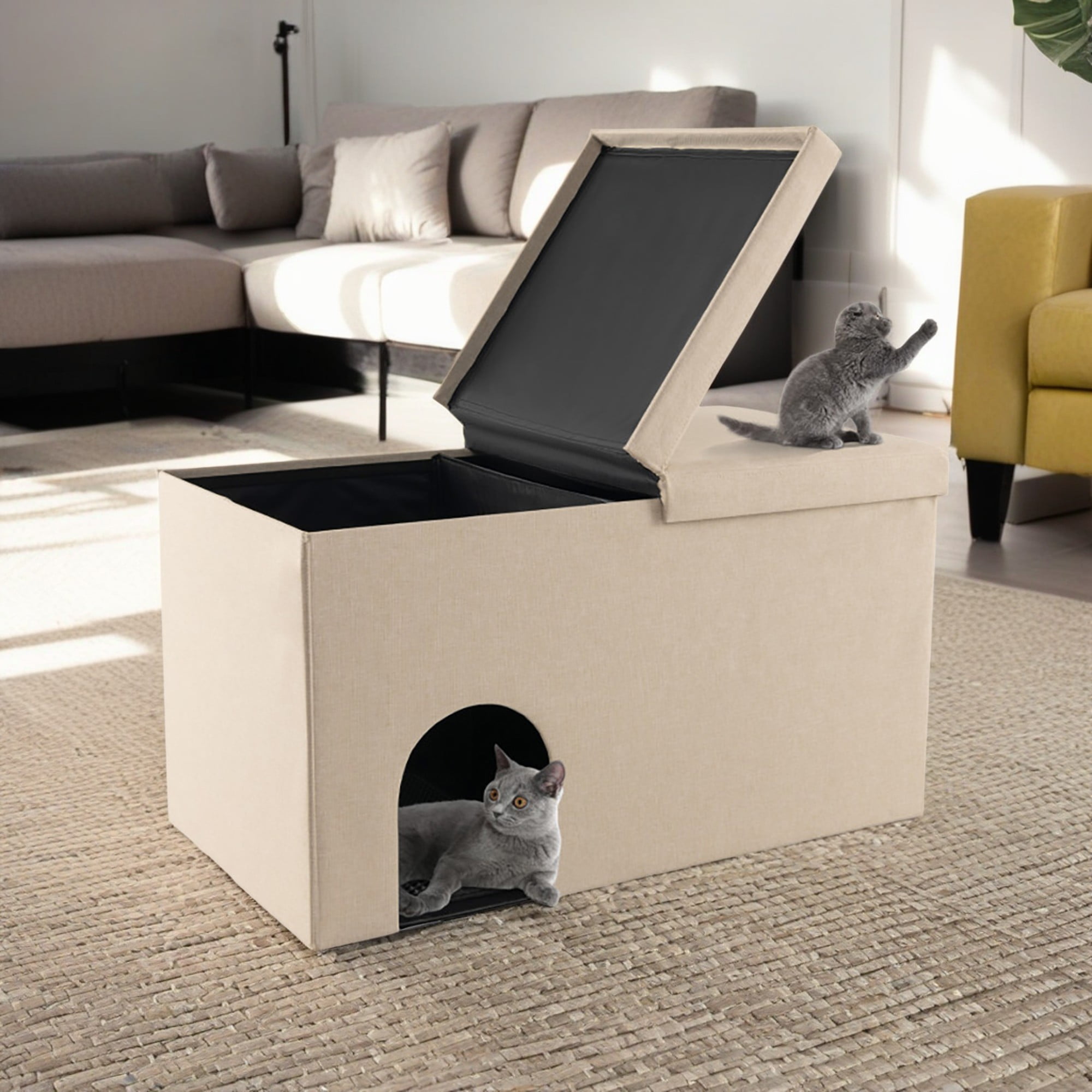Pefilos 35" Cat House for Indoor Cats, Cat Litter Box Enclosure with Urine Proof Litter Mat, Kitty Condo Bed Cave Storage Bench, Beige Pefilos 35" Cat House for Indoor Cats, Cat Litter Box Enclosure with Urine Proof Litter Mat, Kitty Condo Bed Cave Storage Bench, Beige