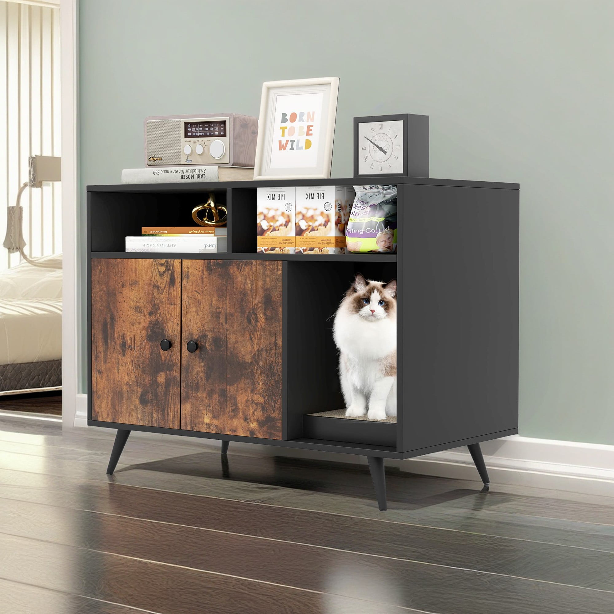 Pefilos 35" Cat Litter Box Enclosure Furniture with Storage Compartments and Scratcher, Wood Enclosed Cat House Condo for Indoor, Black Pefilos 35" Cat Litter Box Enclosure Furniture with Storage Compartments and Scratcher, Wood Enclosed Cat House Condo for Indoor, Black