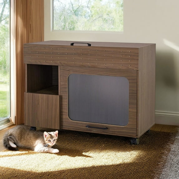 Pefilos 35" Cat Litter Box Enclosure, Hidden Cat Washroom Furniture with Storage and Wheel, Enough for Most of Orange Cat and Litter Box, Brown