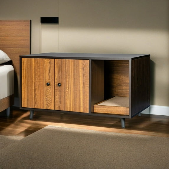 Pefilos 35" Cat Litter Box Enclosure Hidden Litter Box Furniture, Wooden Cat Washroom Cat House with Scratch Pad, Brown