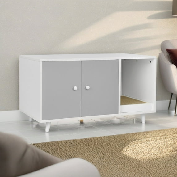 Pefilos 35" Cat Litter Box Enclosure Hidden Litter Box Furniture, Wooden Cat Washroom Cat House with Scratch Pad, Gray