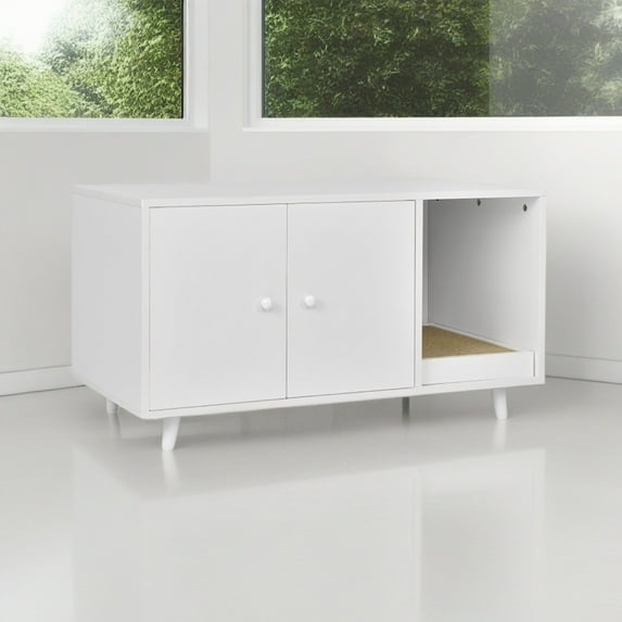 Pefilos 35" Cat Litter Box Enclosure Hidden Litter Box Furniture, Wooden Cat Washroom Cat House with Scratch Pad, White