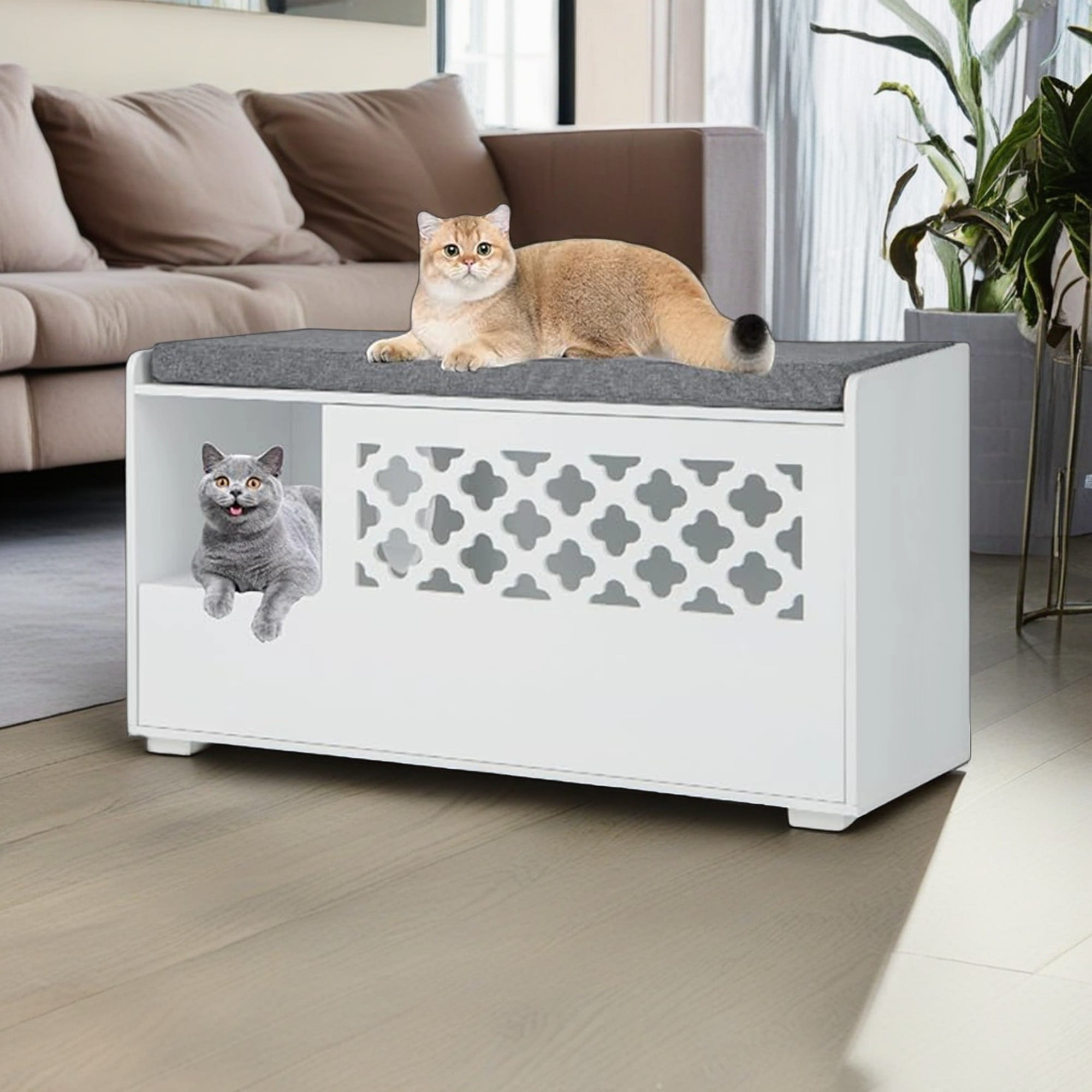 Pefilos 35" Cat Litter Box Enclosure Hidden, Wooden Cat Furniture Storage Bench Kitty Cat Washroom, Indoor Cat Box Cabinet Fit Most of Litter Box, White Pefilos 35" Cat Litter Box Enclosure Hidden, Wooden Cat Furniture Storage Bench Kitty Cat Washroom, Indoor Cat Box Cabinet Fit Most of Litter Box, White