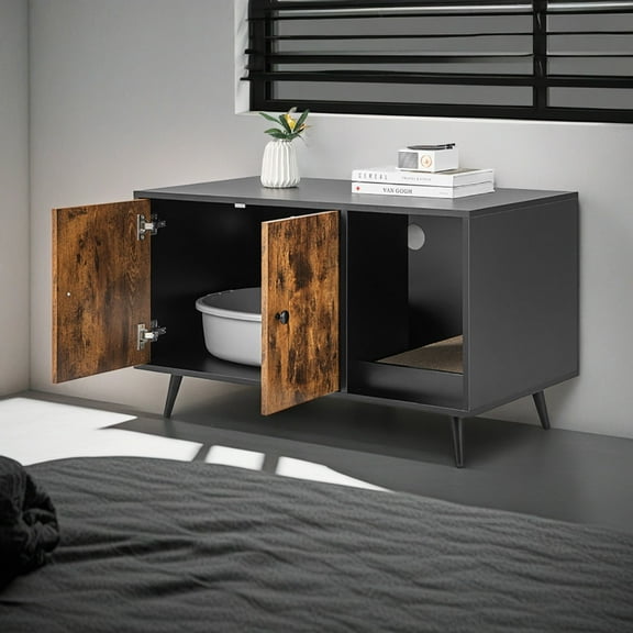 Pefilos 35" Cat Litter Box Furniture Hidden, Cat House Enclosure with Double Door, Wood Cat Washroom Storage Spacious Storage, Black