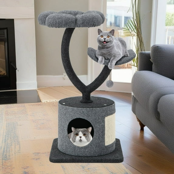 Pefilos 35" Cat Tree for Small Indoor Cats, Plush Cat Tower with Large Cat Condo, Perch and Sisal Cat Scratching Board for Kittens, Gray