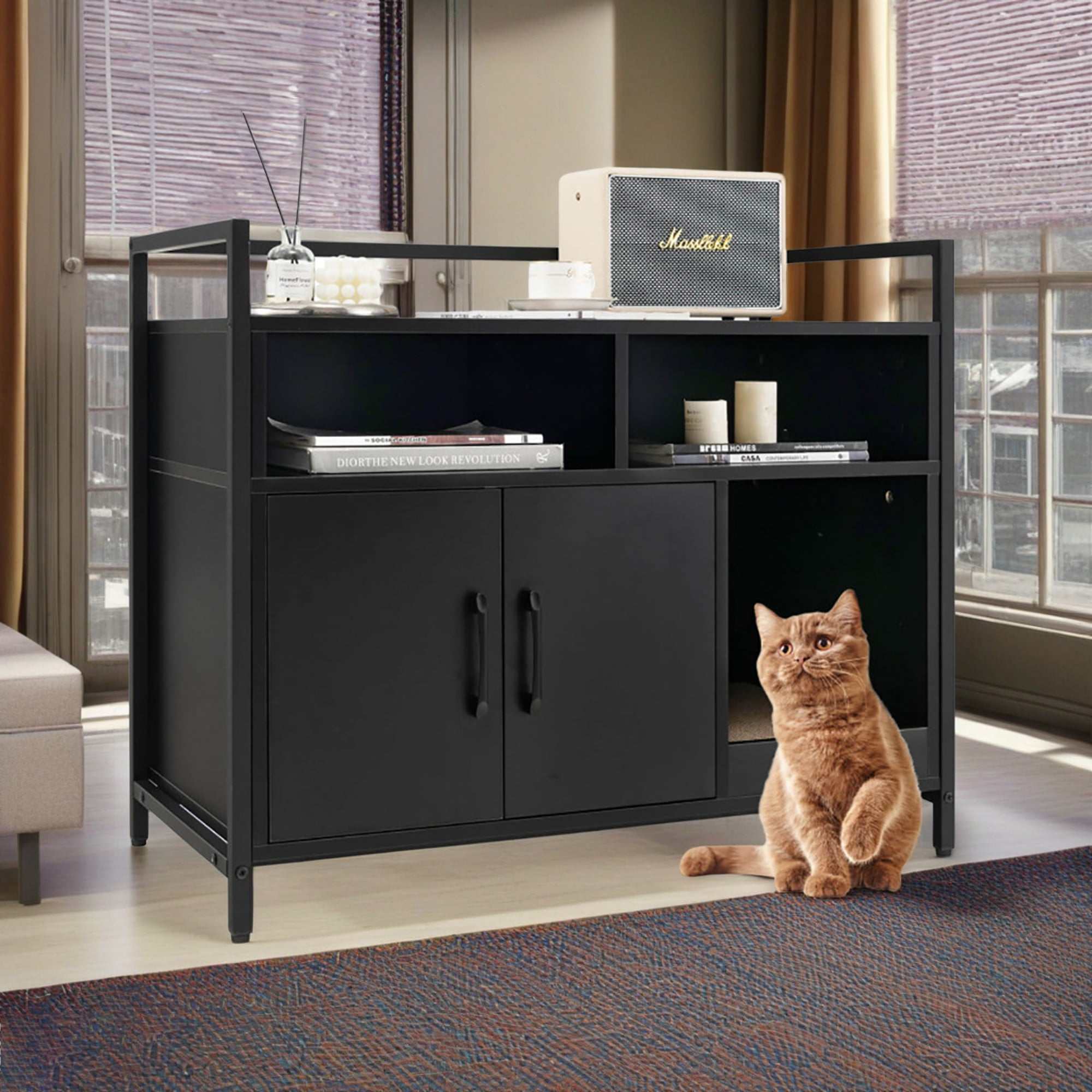 Pefilos 35" Hidden Cat House Washroom with 2-Doors and Scratch Cardboard, Wooden Cat Litter Box Enclosure Furniture, Black Pefilos 35" Hidden Cat House Washroom with 2-Doors and Scratch Cardboard, Wooden Cat Litter Box Enclosure Furniture, Black