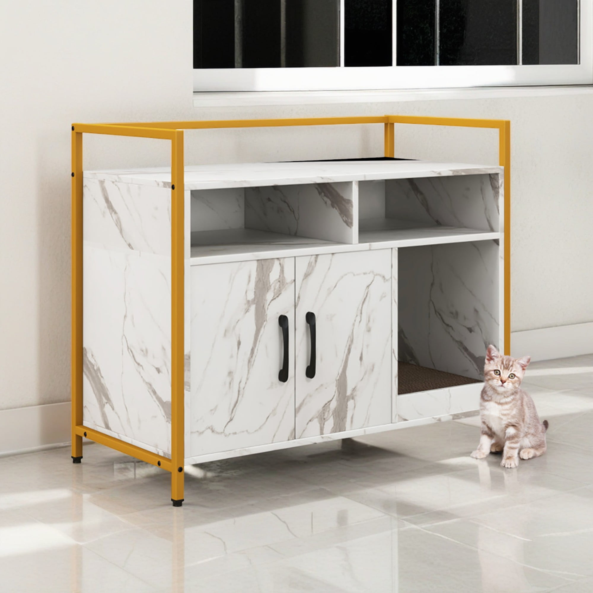 Pefilos 35" Hidden Cat House Washroom with 2-Doors and Scratch Cardboard, Wooden Cat Litter Box Enclosure Furniture, White Pefilos 35" Hidden Cat House Washroom with 2-Doors and Scratch Cardboard, Wooden Cat Litter Box Enclosure Furniture, White