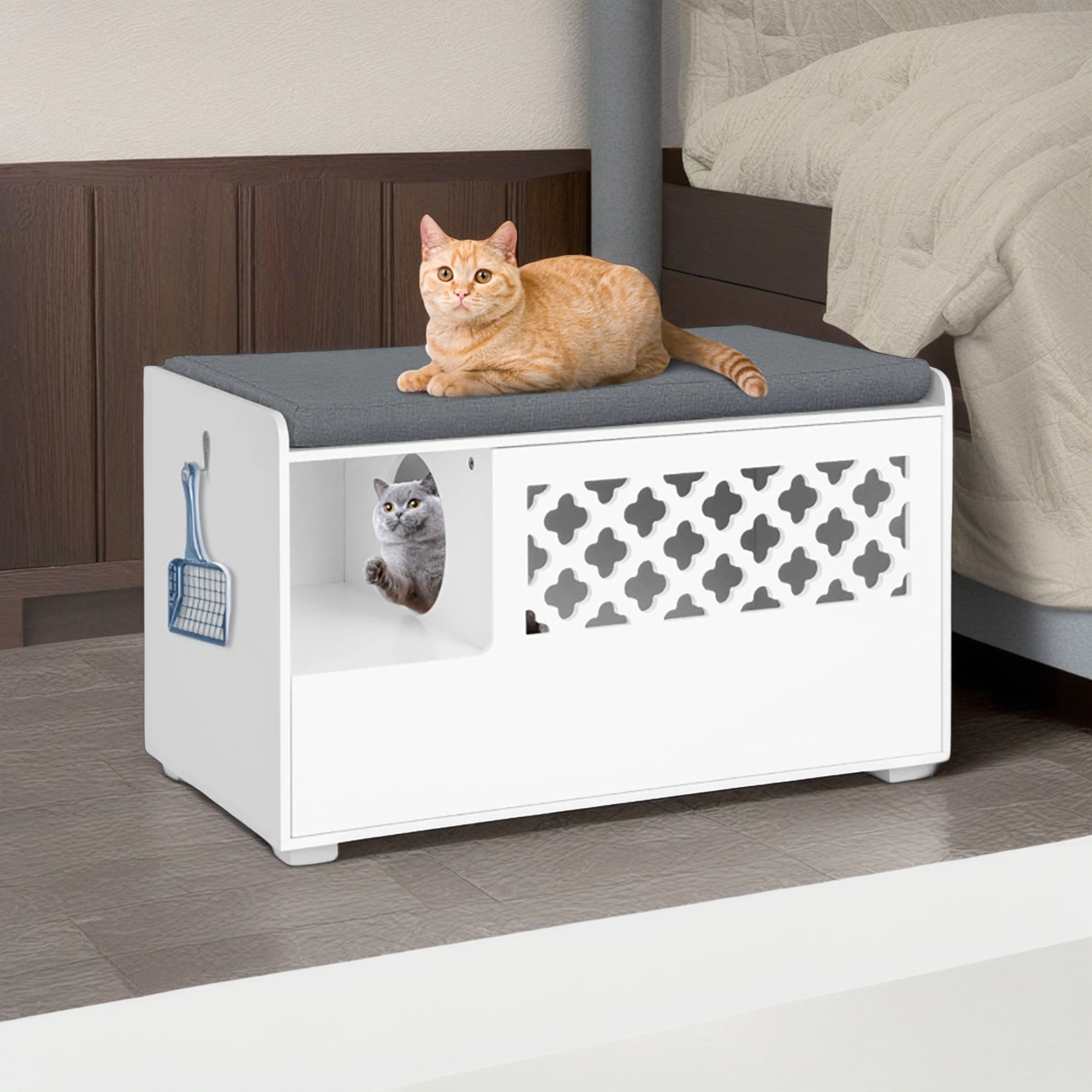 Pefilos 35" Hidden Cat Litter Box Enclosure, Cat Litter Box Furniture with Removable Cushion and Front Open Door, Indoor Cat Box Cabinet, Cat Washroom for Kitty, White Pefilos 35" Hidden Cat Litter Box Enclosure, Cat Litter Box Furniture with Removable Cushion and Front Open Door, Indoor Cat Box Cabinet, Cat Washroom for Kitty, White