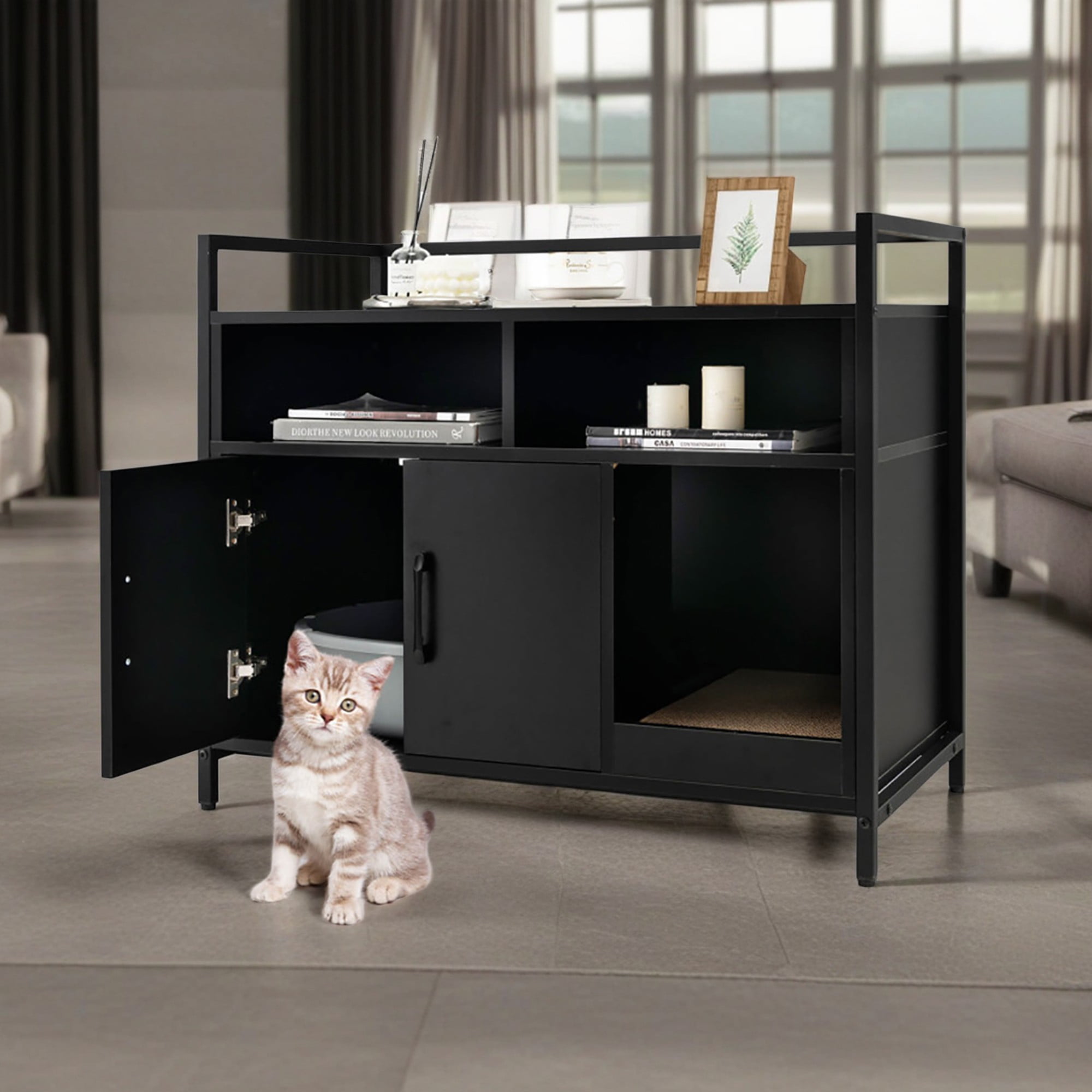 Pefilos 35" Hidden Cat Litter Box Enclosure Furniture, Cat Washroom with Cat Scratcher, 2-Door Cat House, Metal Frame, Wooden Litter Box Furniture, Black Pefilos 35" Hidden Cat Litter Box Enclosure Furniture, Cat Washroom with Cat Scratcher, 2-Door Cat House, Metal Frame, Wooden Litter Box Furniture, Black