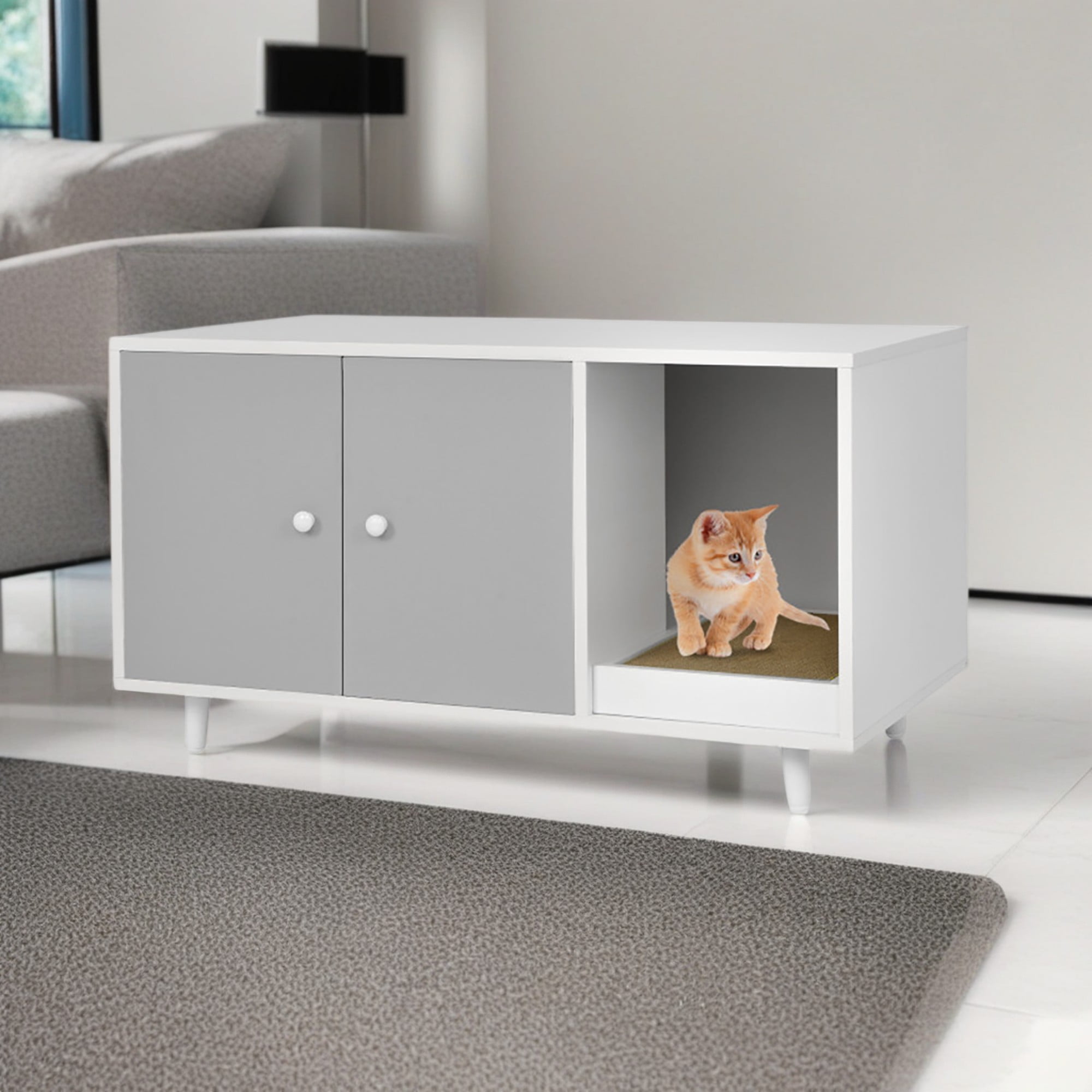 Pefilos 35" Hidden Cat Litter Box Enclosure with Divider and Double Doors, Cat House Washroom Furniture, Gray Pefilos 35" Hidden Cat Litter Box Enclosure with Divider and Double Doors, Cat House Washroom Furniture, Gray