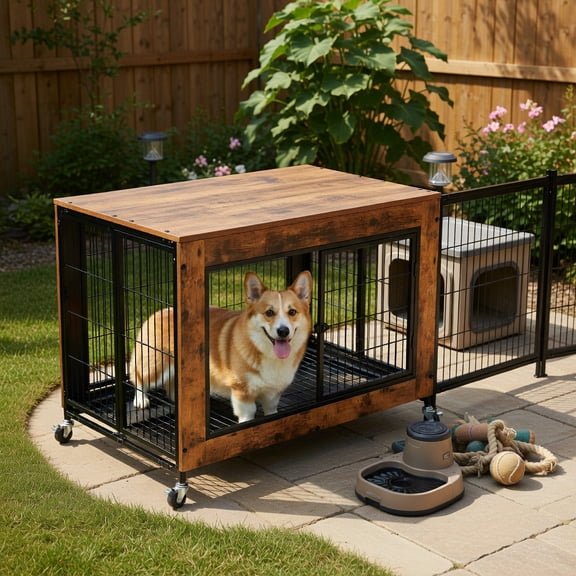 Pefilos 35" Industrial Dog Crate for Indoor Side End Table Dog Cage with Double Doors and Lift Top Heavy-Duty Pet Cages for Dogs Modern Kennel, Brown