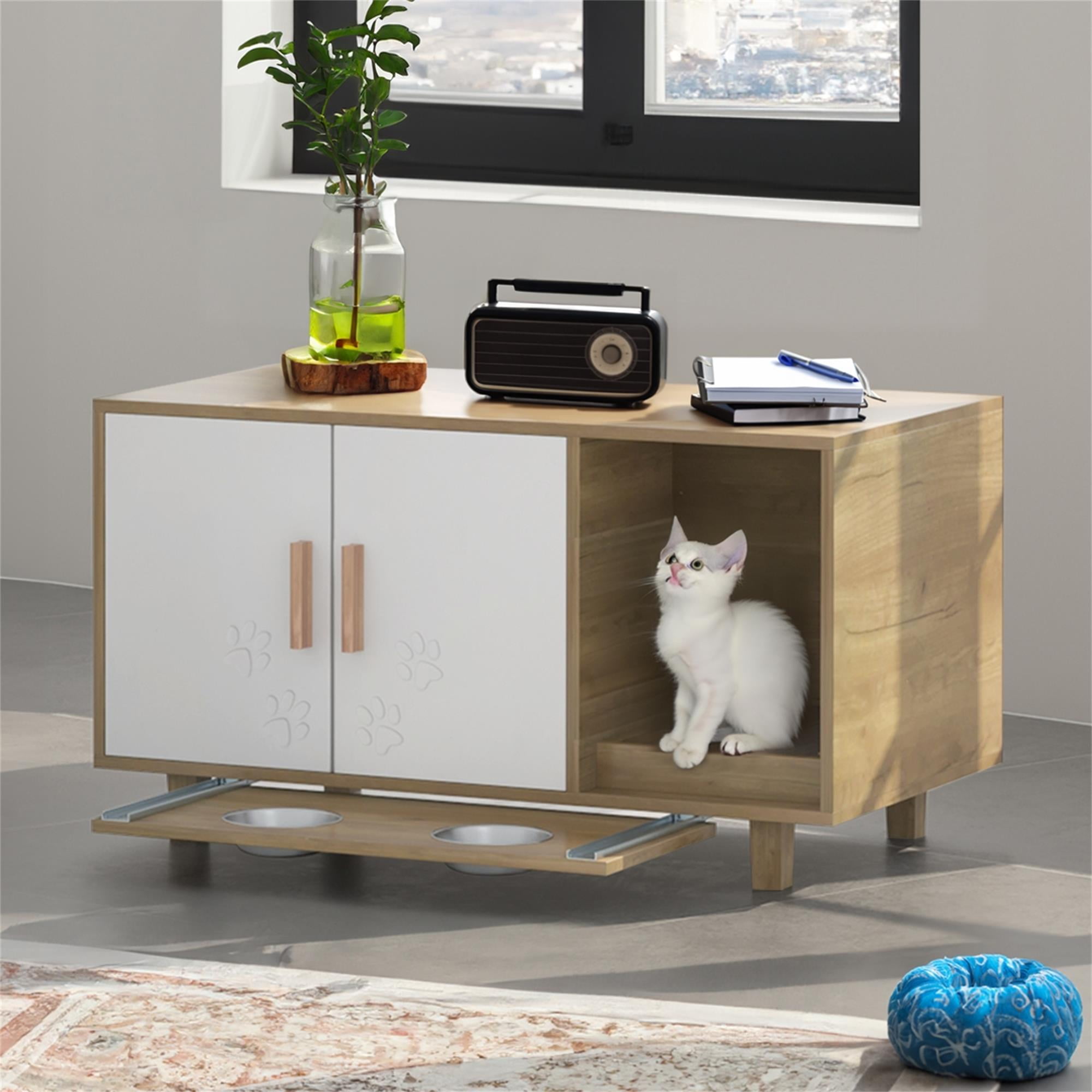 Pefilos 35" Large Cat Litter Box Enclosure Houses with Cat Food Bowls and Scratch Pad for Indoor Cats, Hidden Cat Litter Box Furniture, Cat Washroom, Beige Pefilos 35" Large Cat Litter Box Enclosure Houses with Cat Food Bowls and Scratch Pad for Indoor Cats, Hidden Cat Litter Box Furniture, Cat Washroom, Beige