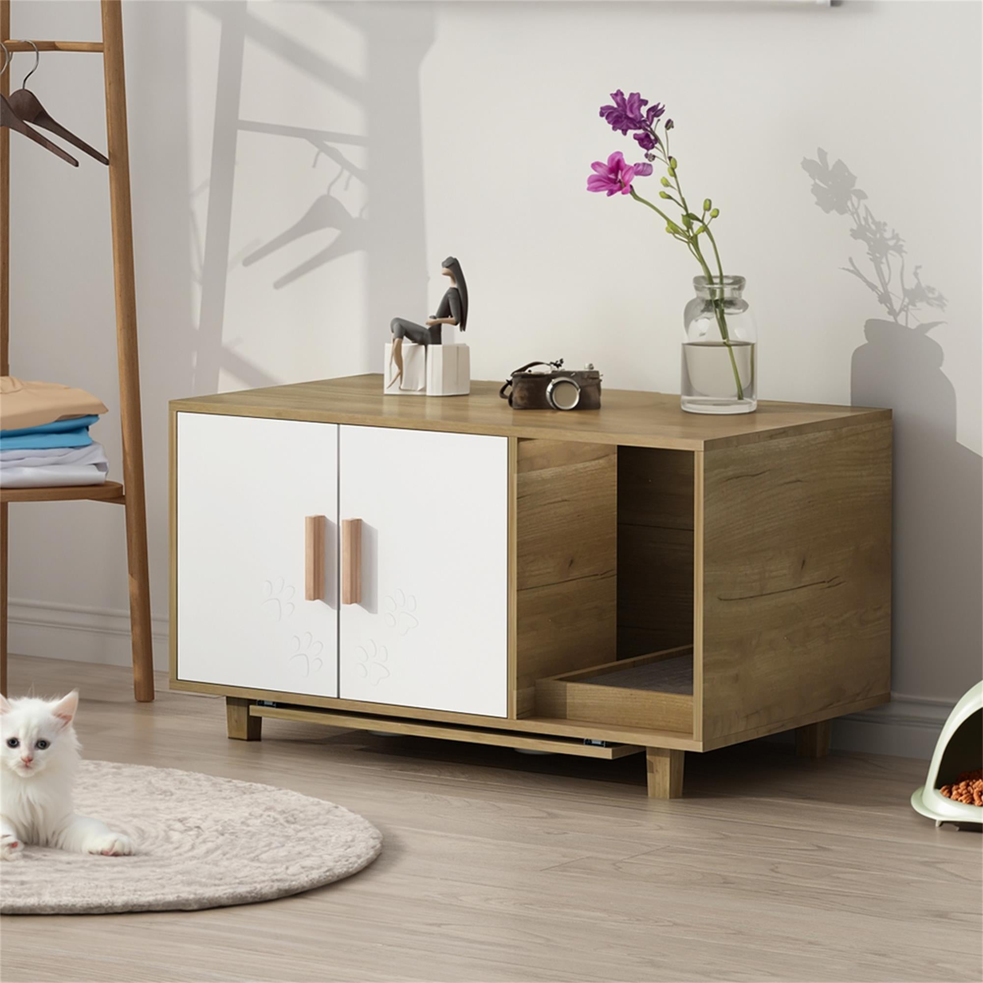 Pefilos 35" Large Hidden Cat Litter Box Furniture with Cat Food Bowls and Scratch Pad for Indoor Cats, Cat Washroom Enclosure Houses, Beige Pefilos 35" Large Hidden Cat Litter Box Furniture with Cat Food Bowls and Scratch Pad for Indoor Cats, Cat Washroom Enclosure Houses, Beige