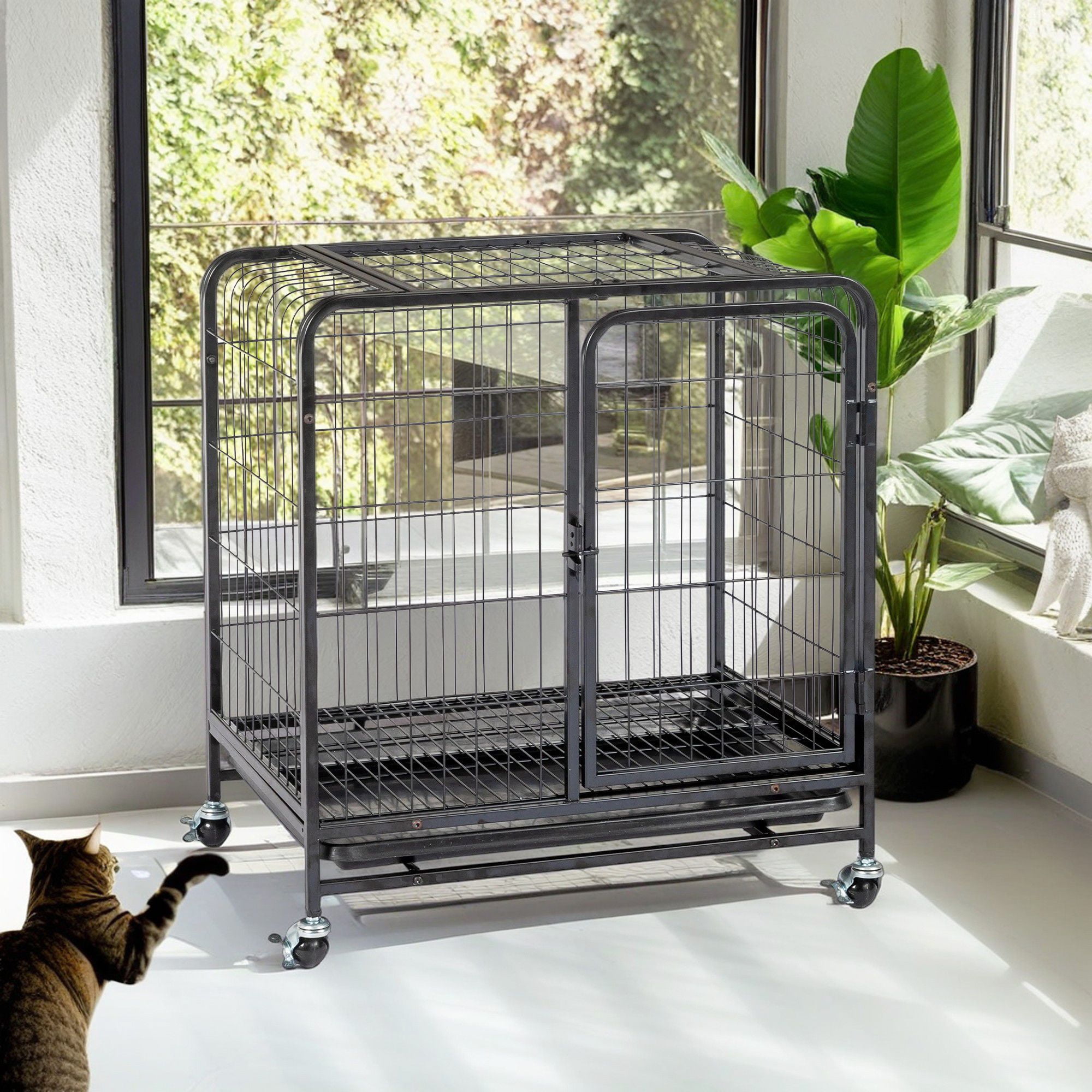 Pefilos 26" Indoor Metal Wire Cat Cage, Durable Cat Enclosure with Double Doors, Lockable Wheels and Slide-out Trays, Small Animal Pet Cage, Black Pefilos 26" Indoor Metal Wire Cat Cage, Durable Cat Enclosure with Double Doors, Lockable Wheels and Slide-out Trays, Small Animal Pet Cage, Black