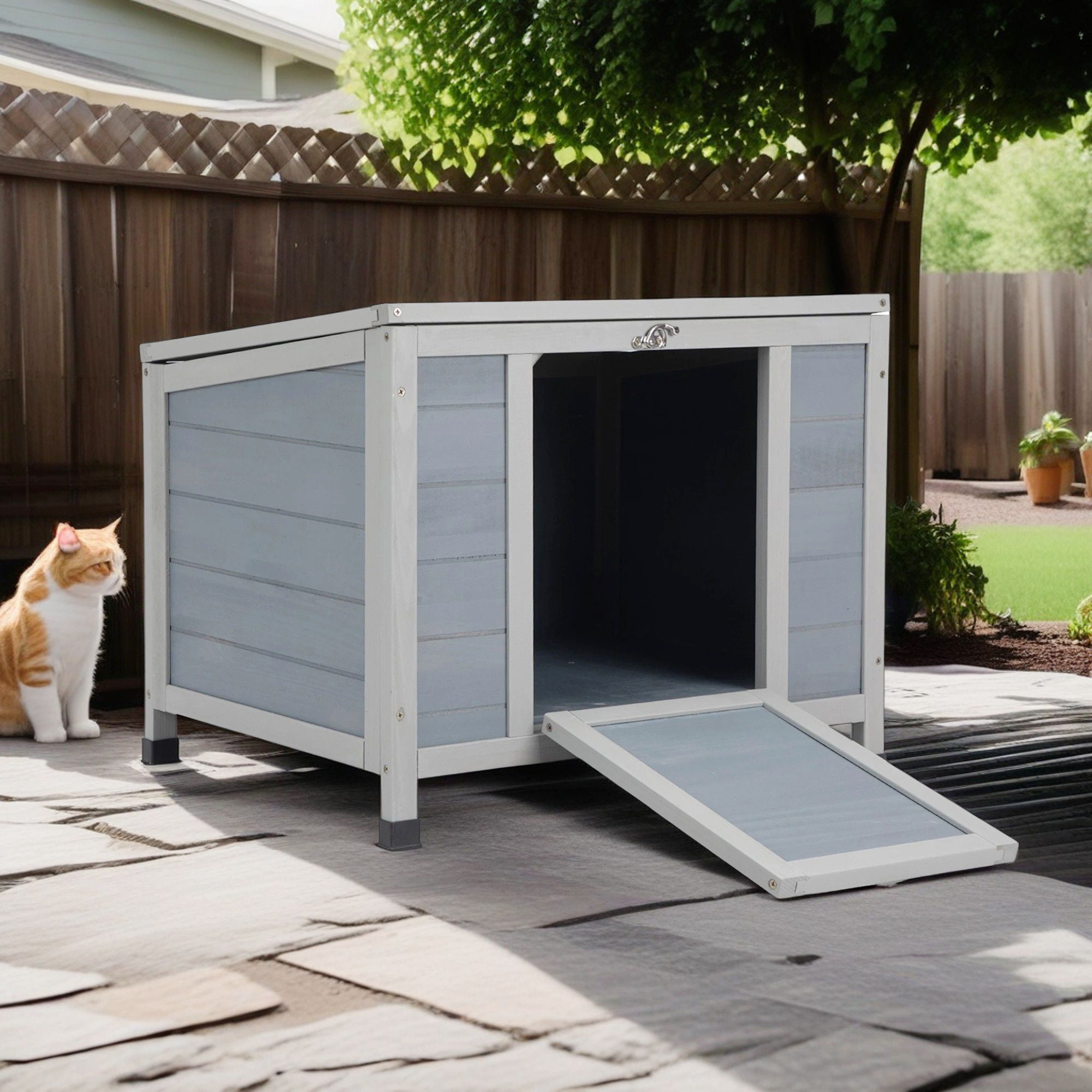 Pefilos 23" Outdoor Rabbit Hutch with Weatherproof Openable Top, Door Ramp, Wood Guinea Pig Habitat Cage Cat House Shelter, Gray