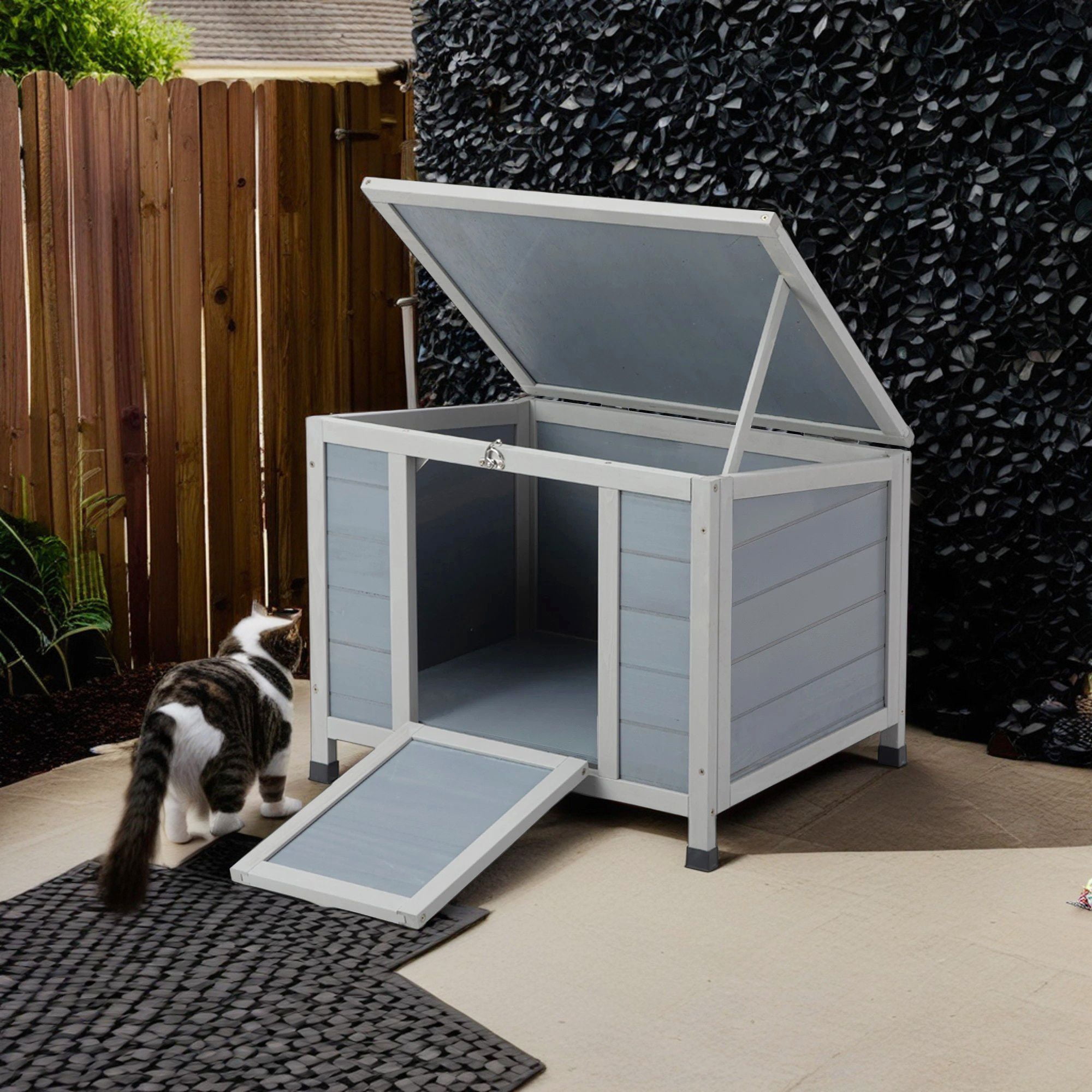 Pefilos 23" Outdoor Wood Cat House with Weatherproof Openable Top, Rabbit Hutch for Indoor Guinea Pig Habitat Small Animal Pet Cage, Gray