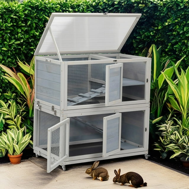 Pefilos 36" Outdoor Weatherproof Rabbit Hutch with Wheels, Wood Bunny House with Ramp, Tray, 2 Doors, Openable Top Small Animal Pet Cage, Gray Pefilos 36" Outdoor Weatherproof Rabbit Hutch with Wheels, Wood Bunny House with Ramp, Tray, 2 Doors, Openable Top Small Animal Pet Cage, Gray
