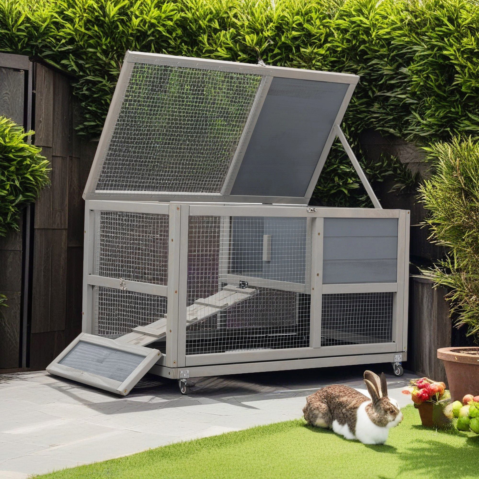 Pefilos 35" Outdoor Rabbit Hutch with Wheels, Wood Bunny House with Ramp, Tray, Doors, Openable Top Small Animal Pet Cage, Gray Pefilos 35" Outdoor Rabbit Hutch with Wheels, Wood Bunny House with Ramp, Tray, Doors, Openable Top Small Animal Pet Cage, Gray