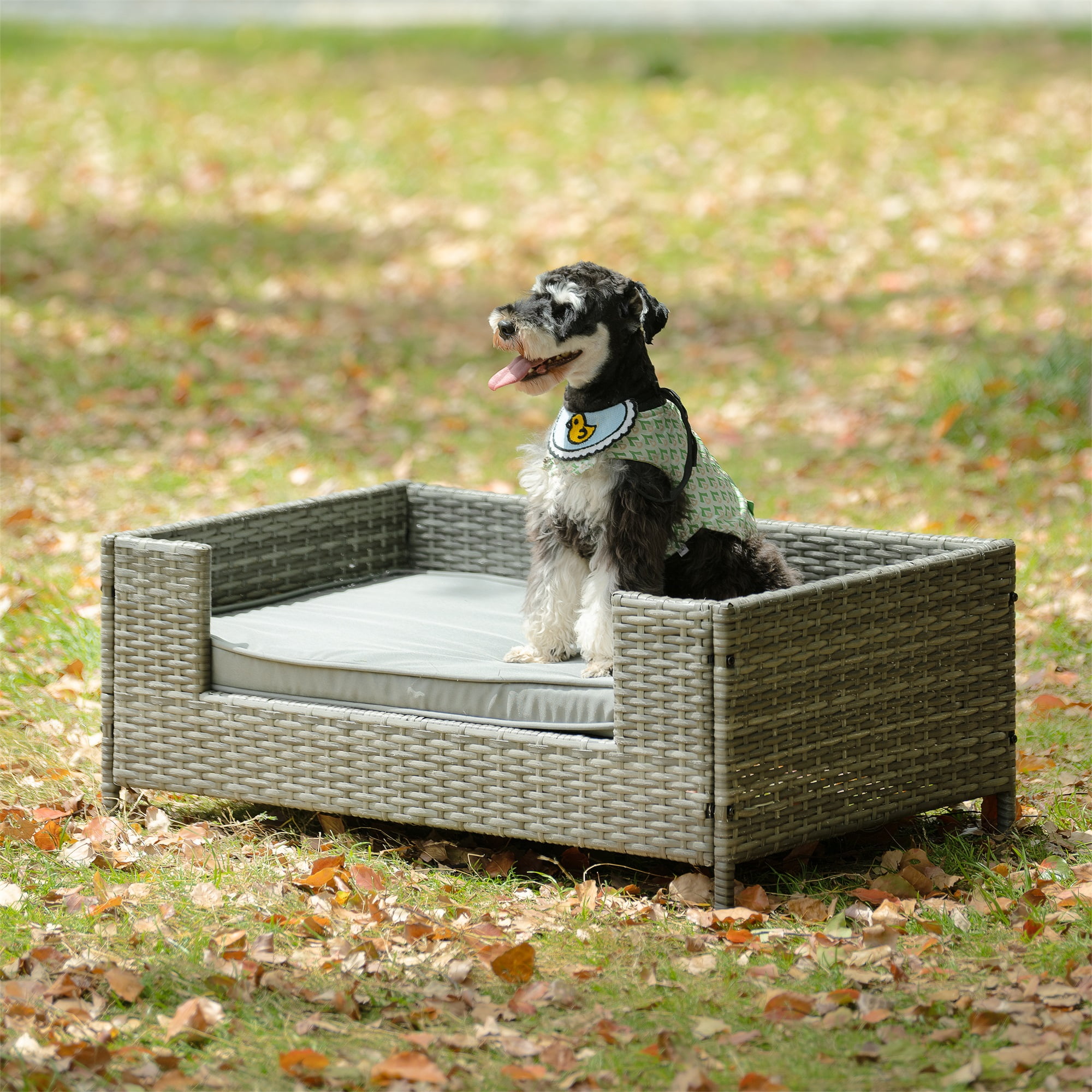 Pefilos 35" PE Wicker Dog Sofa Bed Elevated Raised Rattan Pet Bed for Indoor/Outdoor with Removable Cushion Lounge, Gray