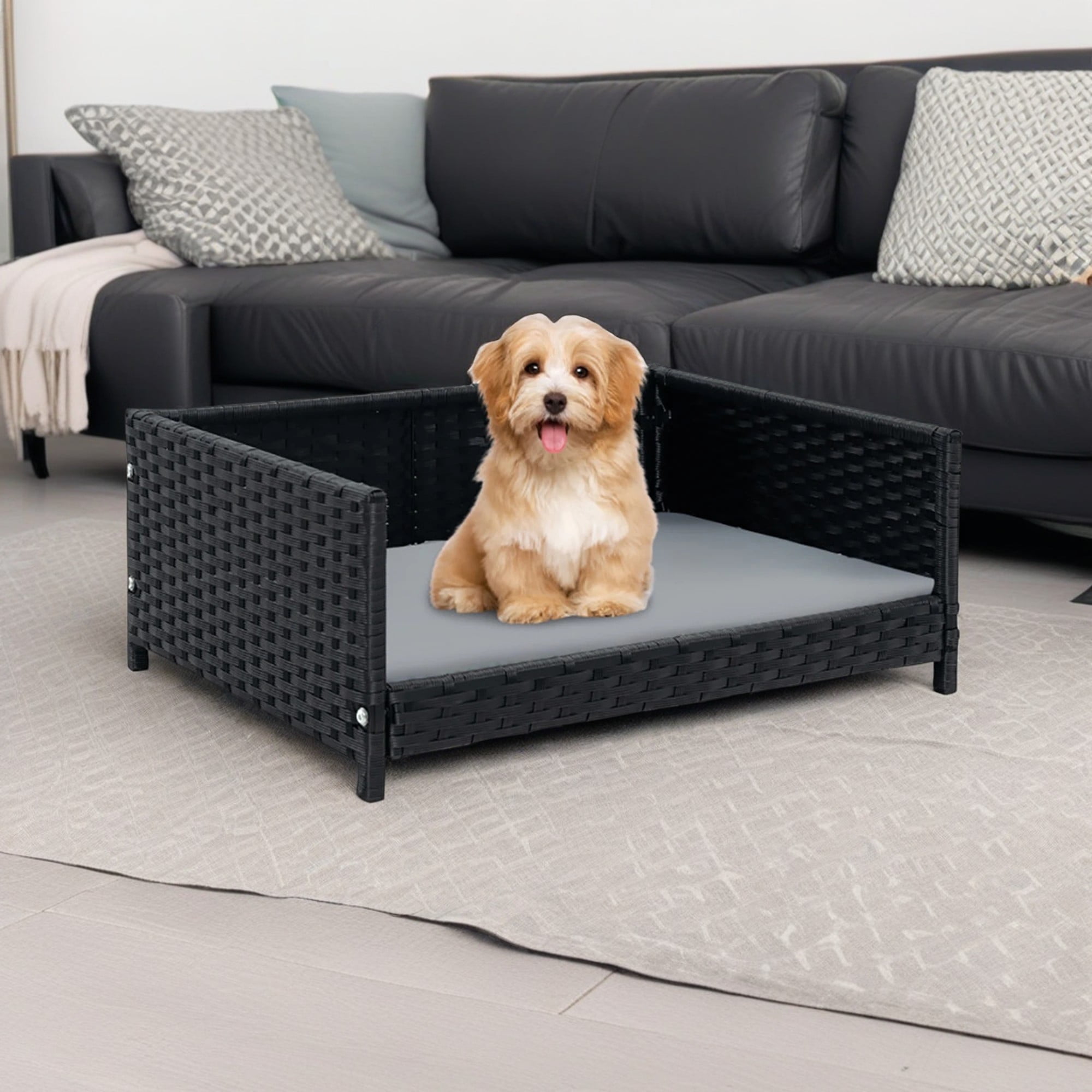 Pefilos 24" Pet Furniture Dog Bed for Cat and Dog House/Kennel, Seasonal PE Rattan Pet Bed with Waterproof Soft Cushion for Medium Small Dogs Cats, Dark Gray