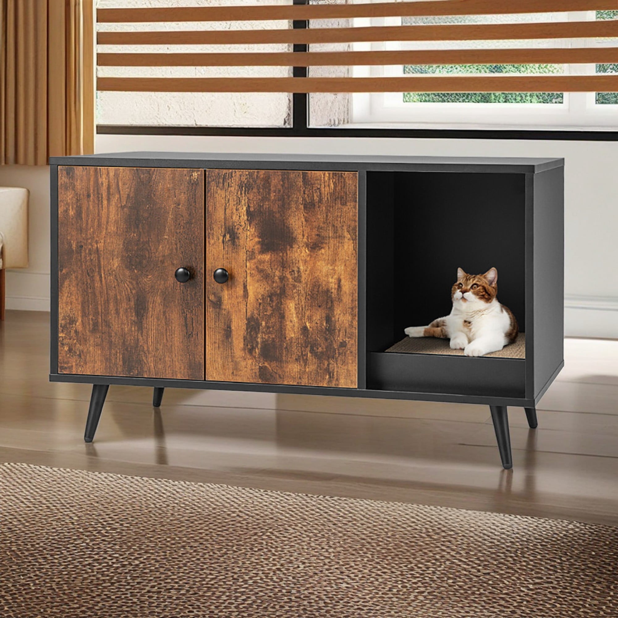 Pefilos 35" Pets Tiger Large Hidden Cat Litter Box Enclosure, Pet House Furniture, Cat House Washroom Cabinet Stool, Black