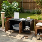 Pefilos 35" Pets Tiger Large Hidden Cat Litter Box Enclosure, Pet House Furniture, Cat House Washroom Cabinet Stool, Black